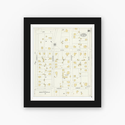 Old map wall art mockup — black gallery frame with white mat — Sanborn Fire Insurance Map from Cleburne, Johnson County, Texas (1904), Sheet #0019