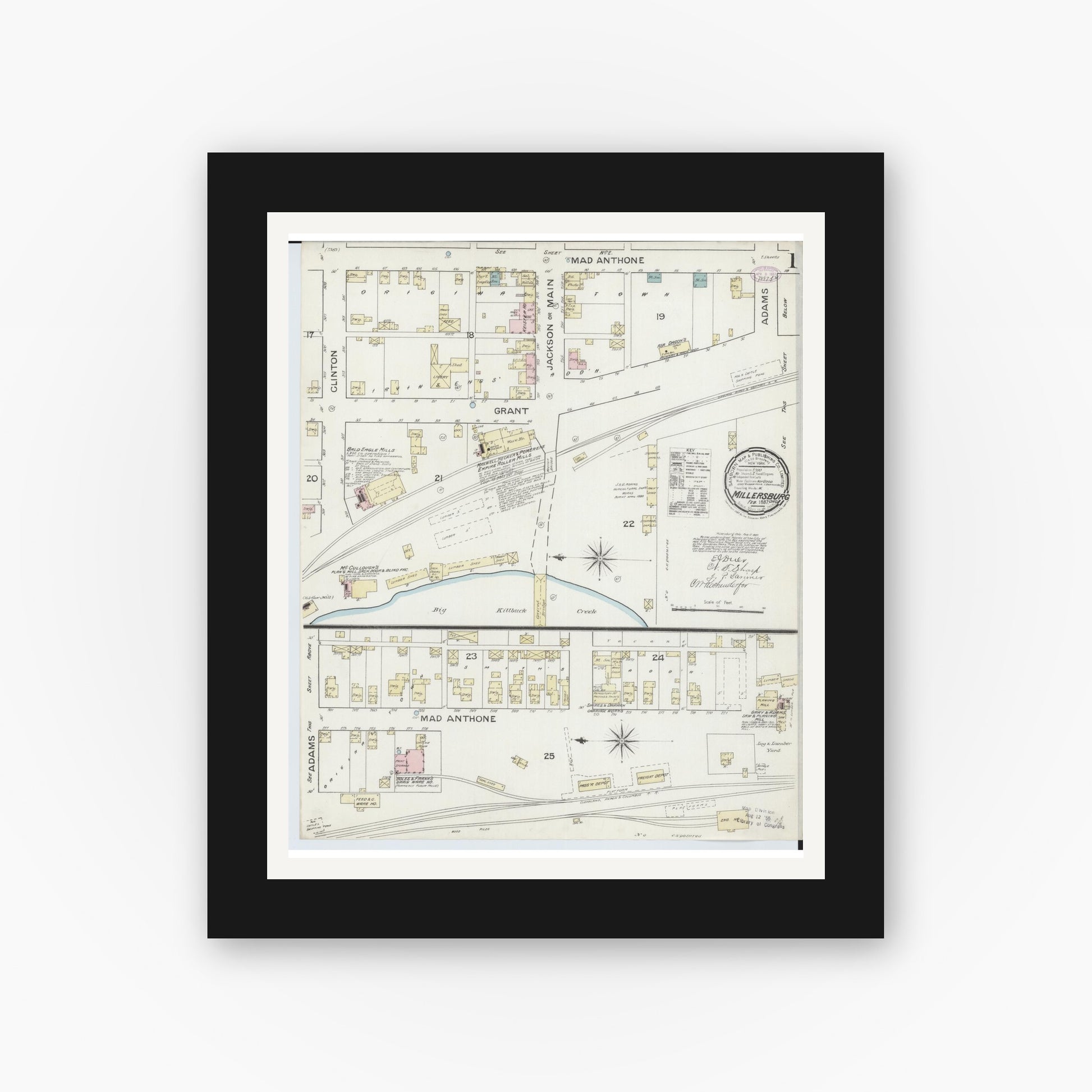Old map wall art mockup — black gallery frame with white mat — Sanborn Fire Insurance Map from Millersburg, Holmes County, Ohio (1887), Sheet #0001