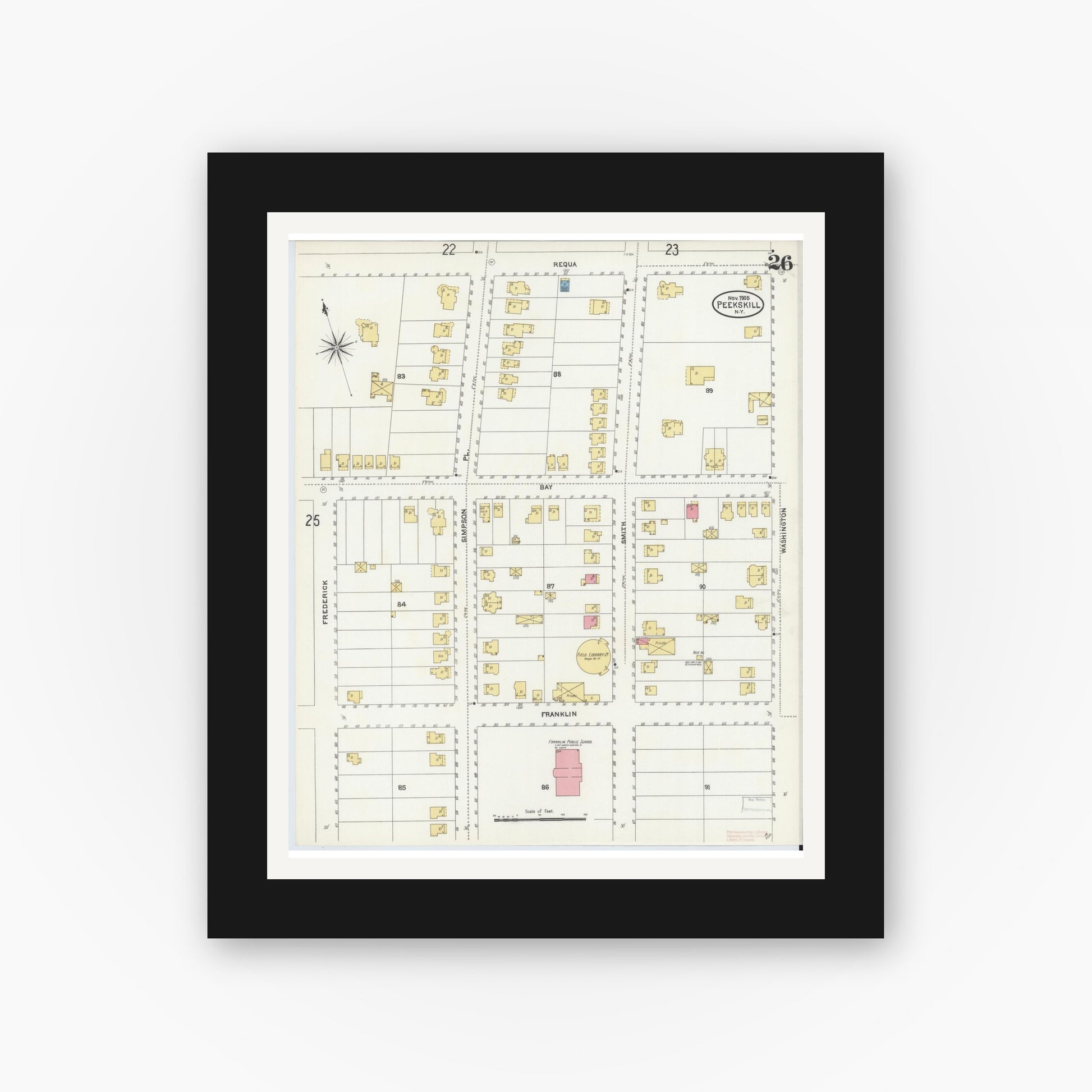 Old map wall art mockup — black gallery frame with white mat — Sanborn Fire Insurance Map from Peekskill, Westchester County, New York (1905), Sheet #0026