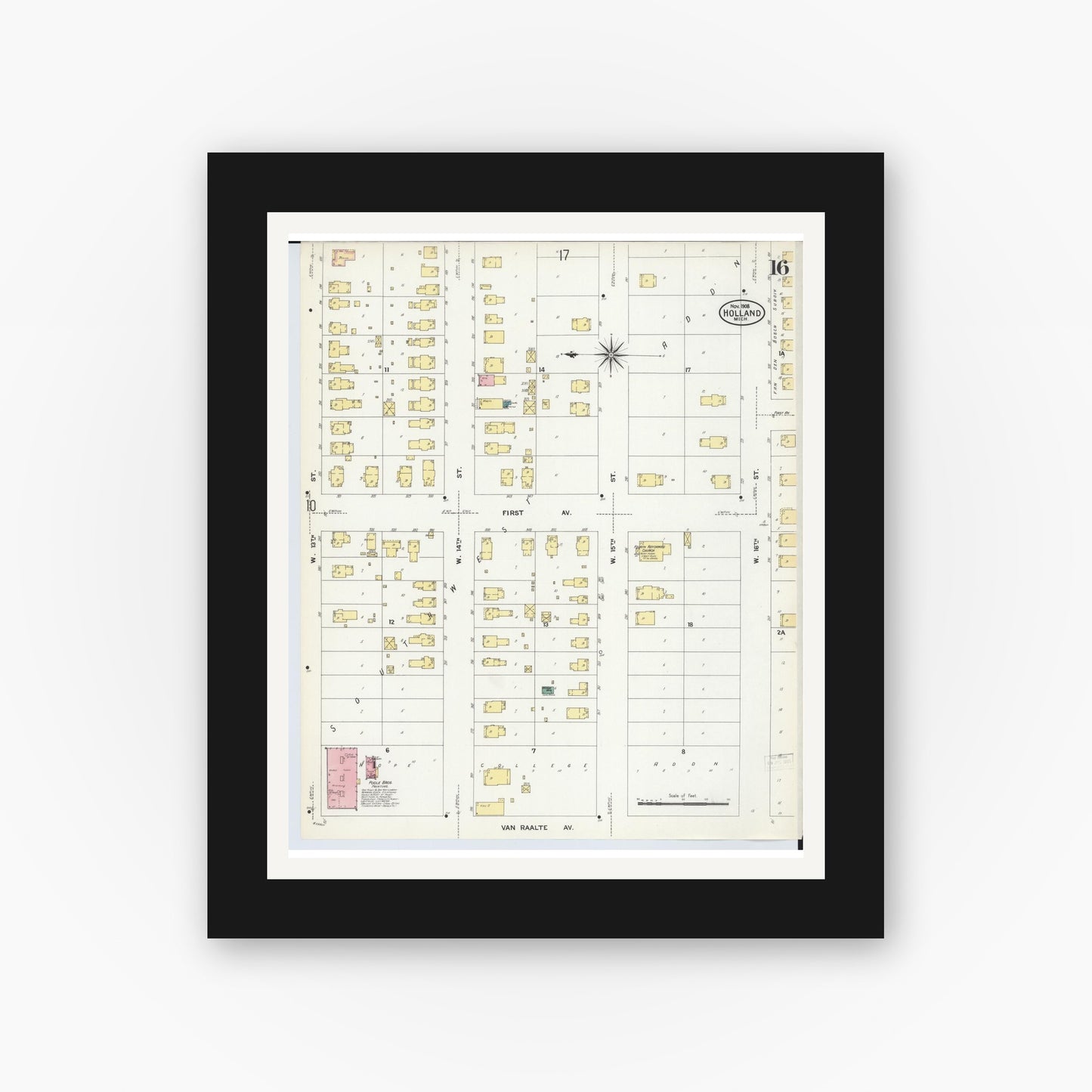 Old map wall art mockup — black gallery frame with white mat — Sanborn Fire Insurance Map from Holland, Ottawa County, Michigan (1908), Sheet #0016