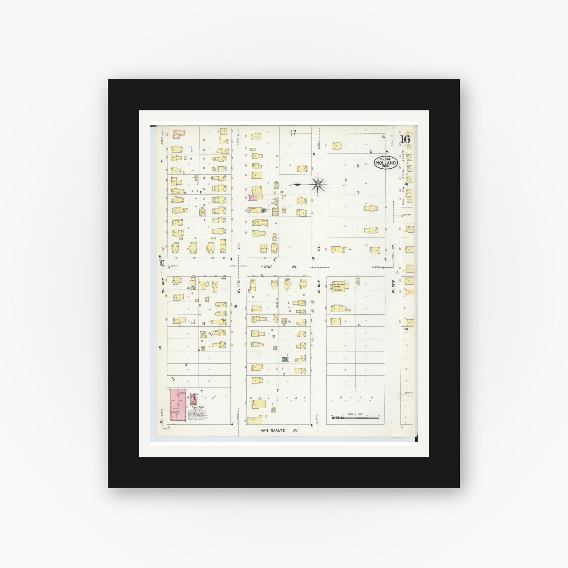 Old map wall art mockup — black gallery frame with white mat — Sanborn Fire Insurance Map from Holland, Ottawa County, Michigan (1908), Sheet #0016
