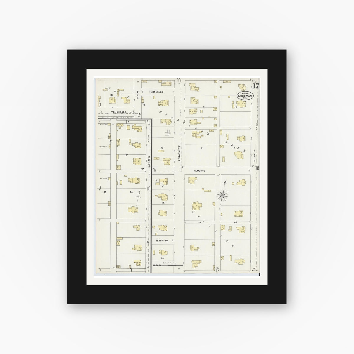 Old map wall art mockup — black gallery frame with white mat — Sanborn Fire Insurance Map from Sherman, Grayson County, Texas (1897), Sheet #0017