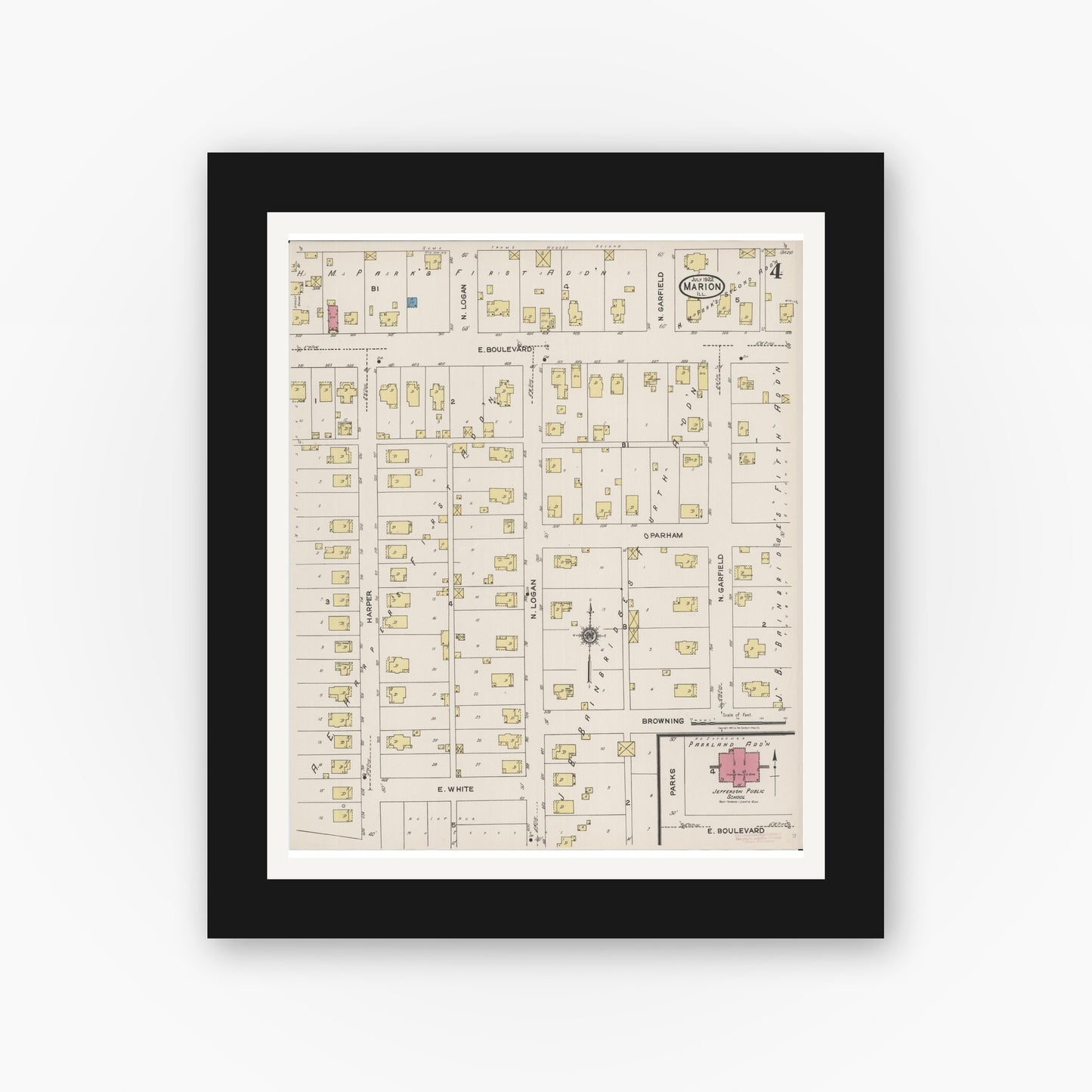 Old map wall art mockup — black gallery frame with white mat — Sanborn Fire Insurance Map from Marion, Williamson County, Illinois (1922), Sheet #0004