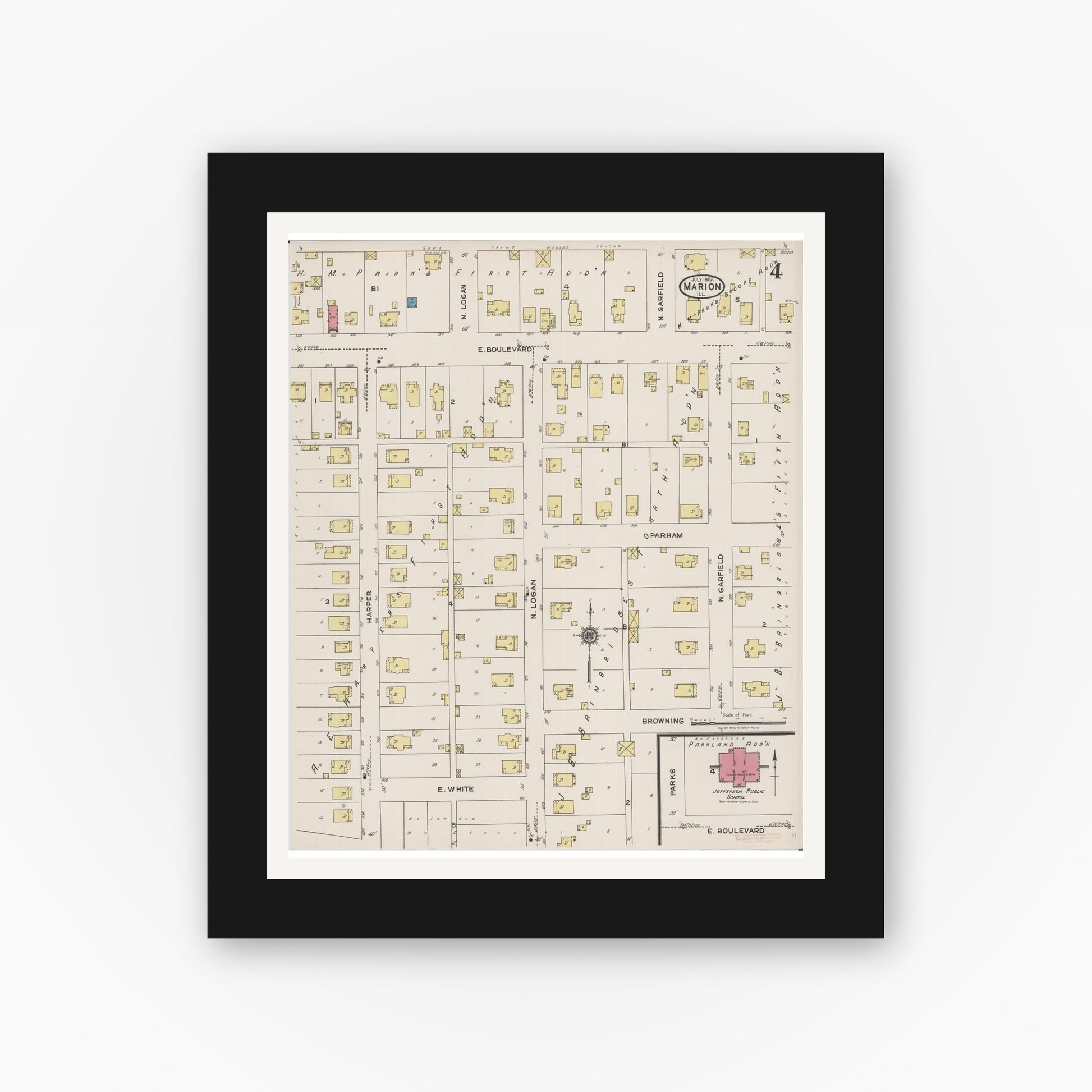 Old map wall art mockup — black gallery frame with white mat — Sanborn Fire Insurance Map from Marion, Williamson County, Illinois (1922), Sheet #0004