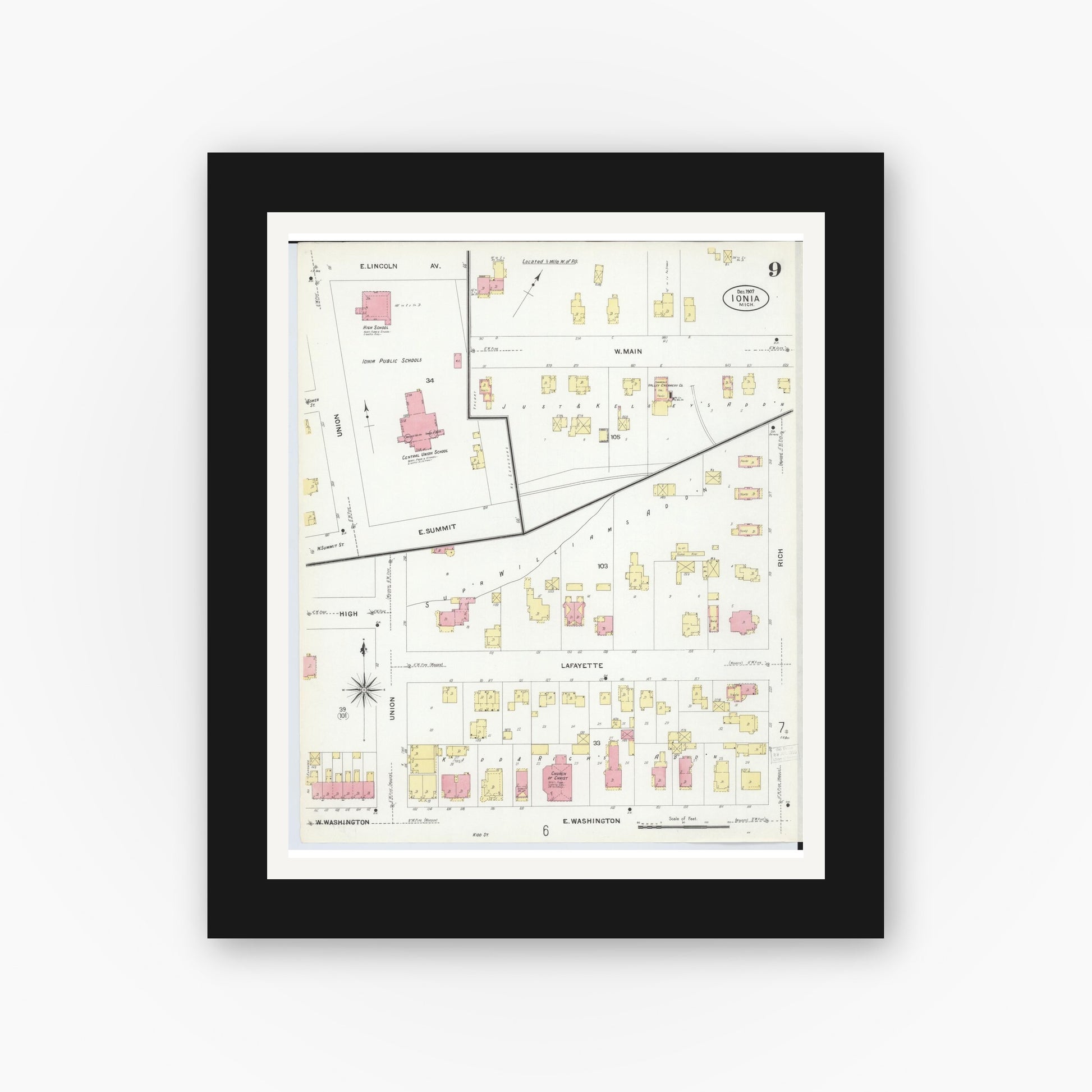 Old map wall art mockup — black gallery frame with white mat — Sanborn Fire Insurance Map from Ionia, Ionia County, Michigan (1907), Sheet #0009