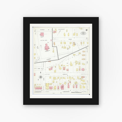 Old map wall art mockup — black gallery frame with white mat — Sanborn Fire Insurance Map from Ionia, Ionia County, Michigan (1907), Sheet #0009