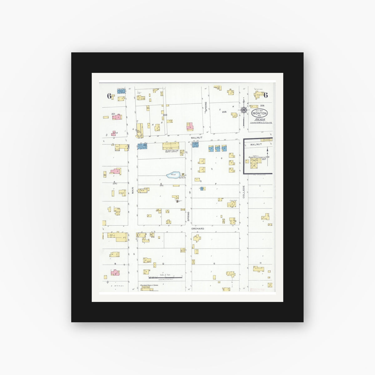 Old map wall art mockup — black gallery frame with white mat — Sanborn Fire Insurance Map from Ironton, Iron County, Missouri (1927), Sheet #0006