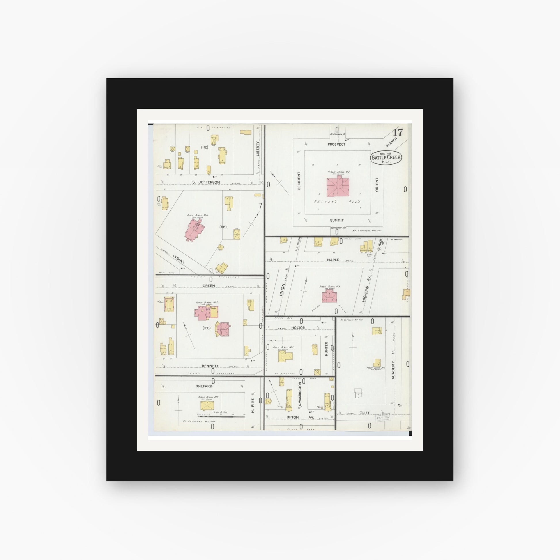 Old map wall art mockup — black gallery frame with white mat — Sanborn Fire Insurance Map from Battle Creek, Calhoun County, Michigan (1899), Sheet #0017