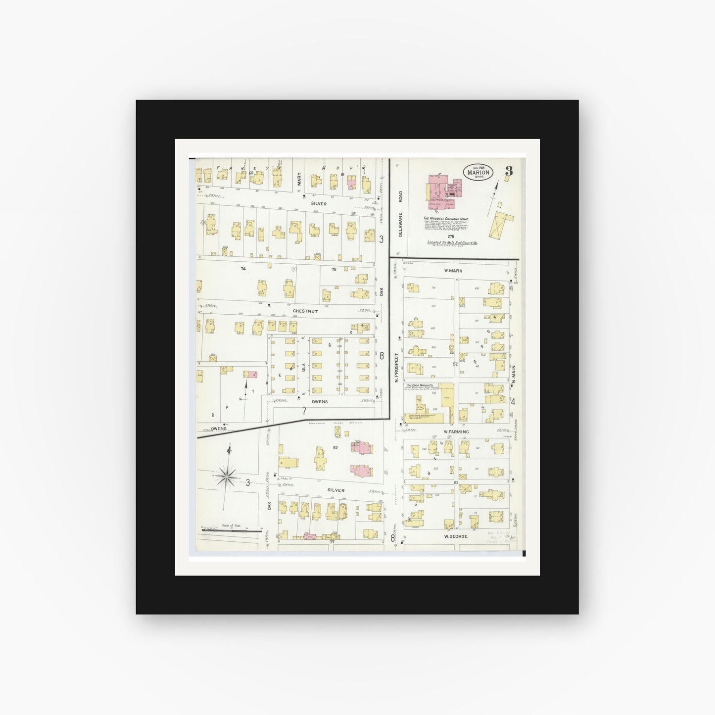 Old map wall art mockup — black gallery frame with white mat — Sanborn Fire Insurance Map from Marion, Marion County, Ohio (1908), Sheet #0003