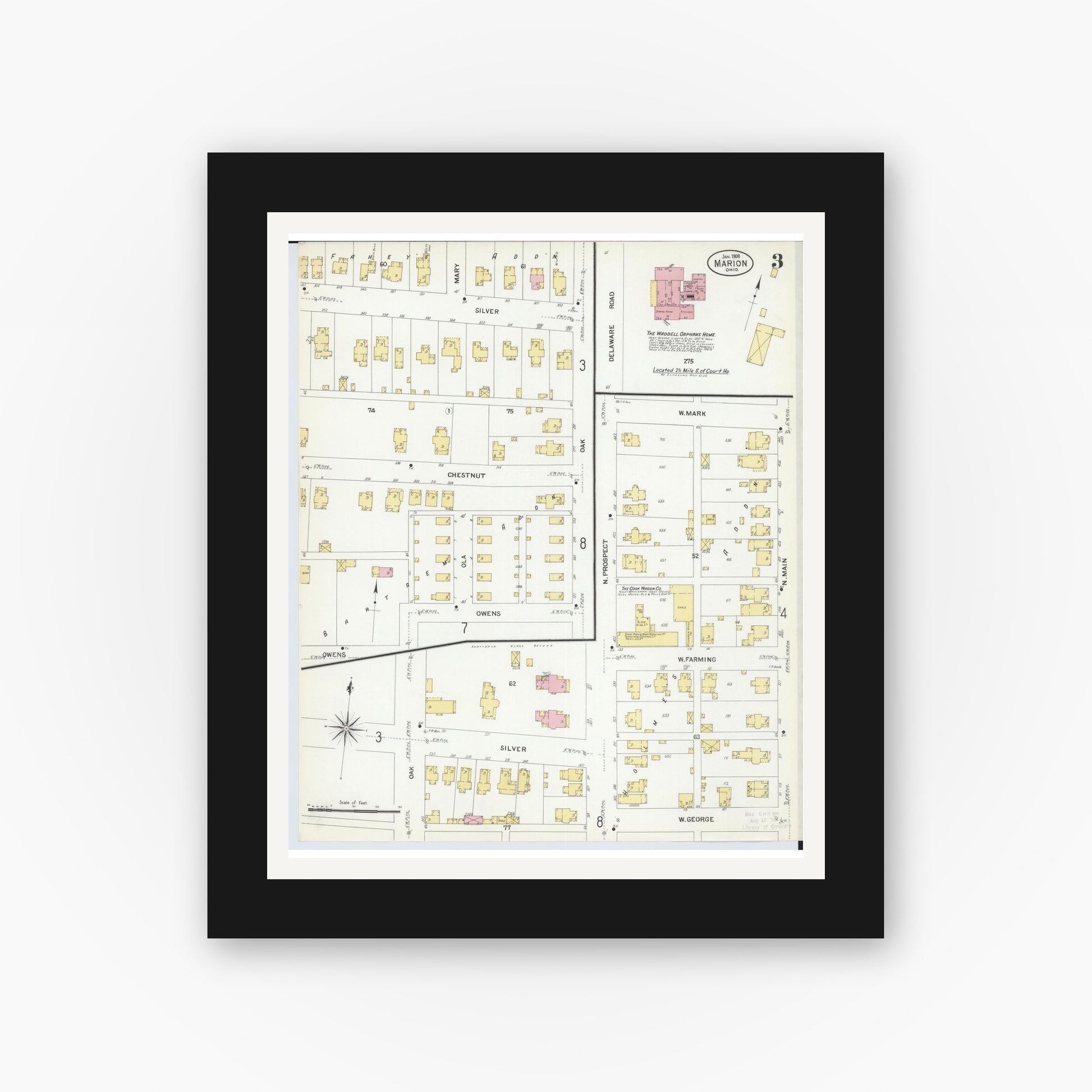 Old map wall art mockup — black gallery frame with white mat — Sanborn Fire Insurance Map from Marion, Marion County, Ohio (1908), Sheet #0003