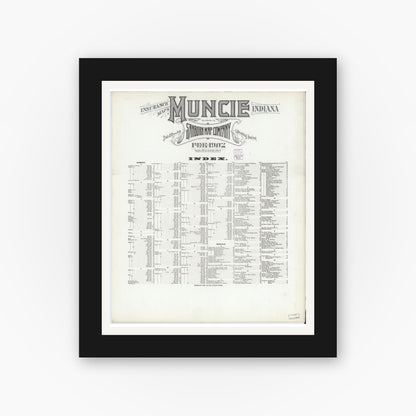 Old map wall art mockup — black gallery frame with white mat — Sanborn Fire Insurance Map from Muncie, Delaware County, Indiana (1902), Sheet #0001