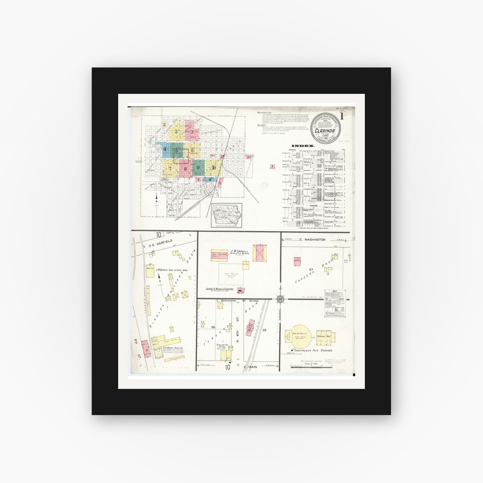 Old map wall art mockup — black gallery frame with white mat — Sanborn Fire Insurance Map from Clarinda, Page County, Iowa (1912), Sheet #0001