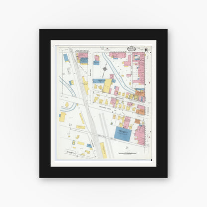 Old map wall art mockup — black gallery frame with white mat — Sanborn Fire Insurance Map from Pontiac, Oakland County, Michigan (1919), Sheet #0016