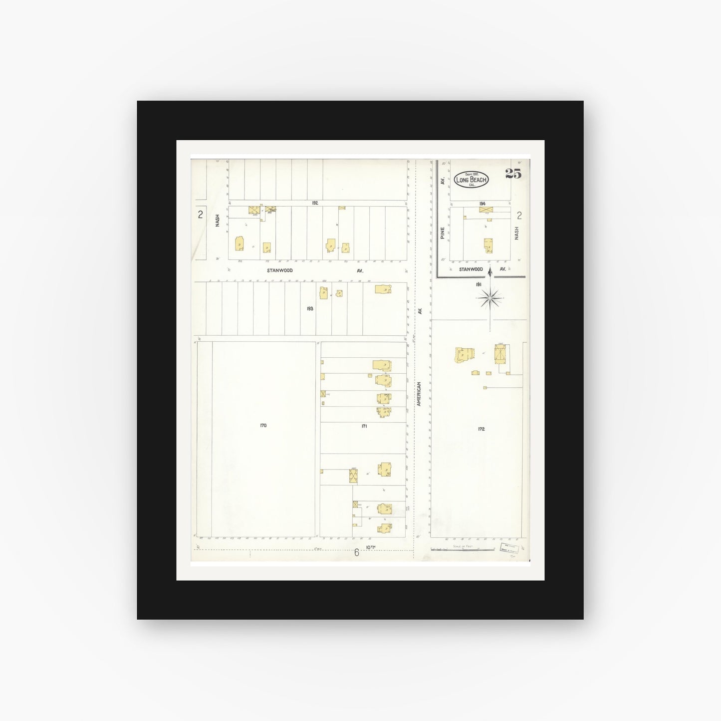 Old map wall art mockup — black gallery frame with white mat — Sanborn Fire Insurance Map from Long Beach, Los Angeles County, California (1902), Sheet #0025