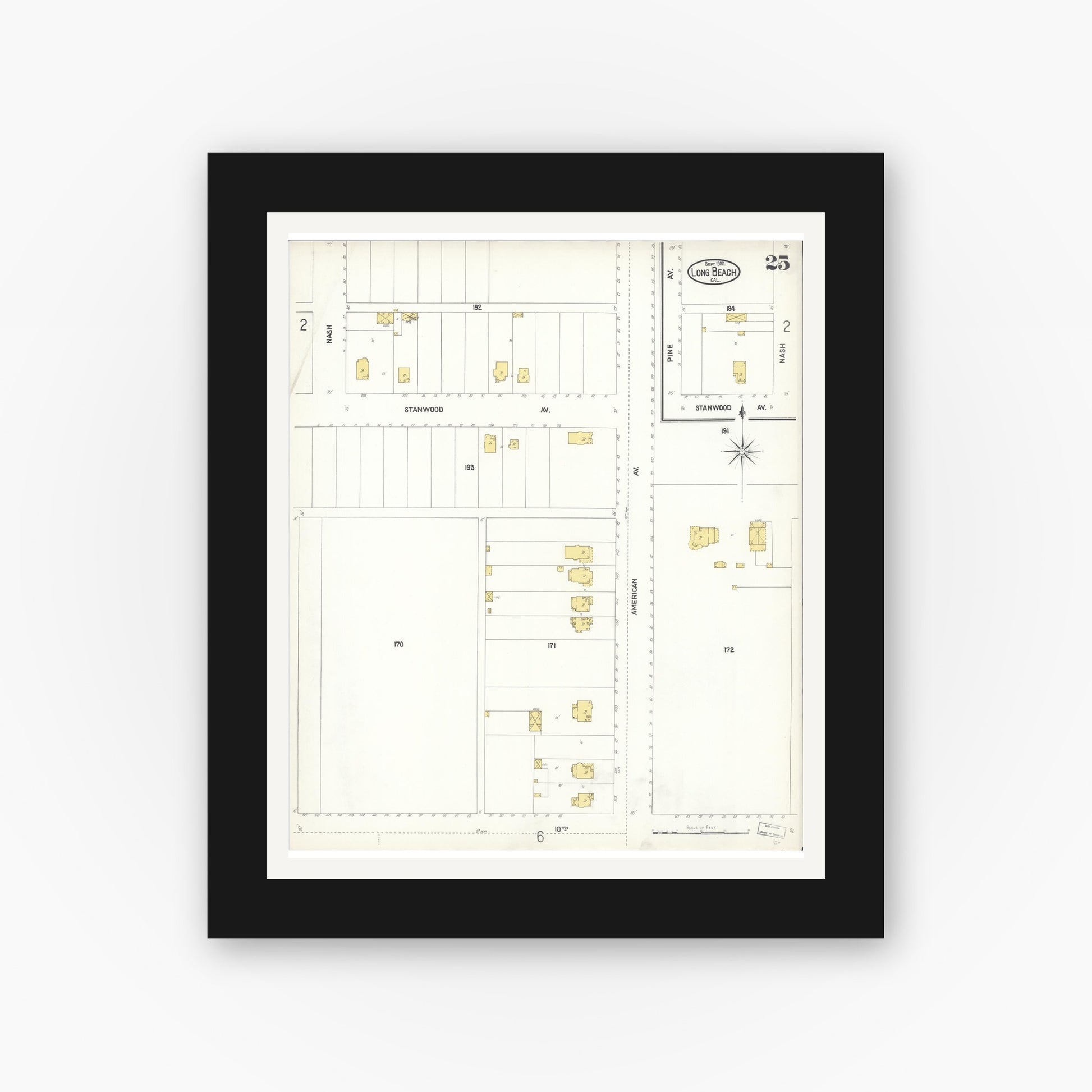 Old map wall art mockup — black gallery frame with white mat — Sanborn Fire Insurance Map from Long Beach, Los Angeles County, California (1902), Sheet #0025