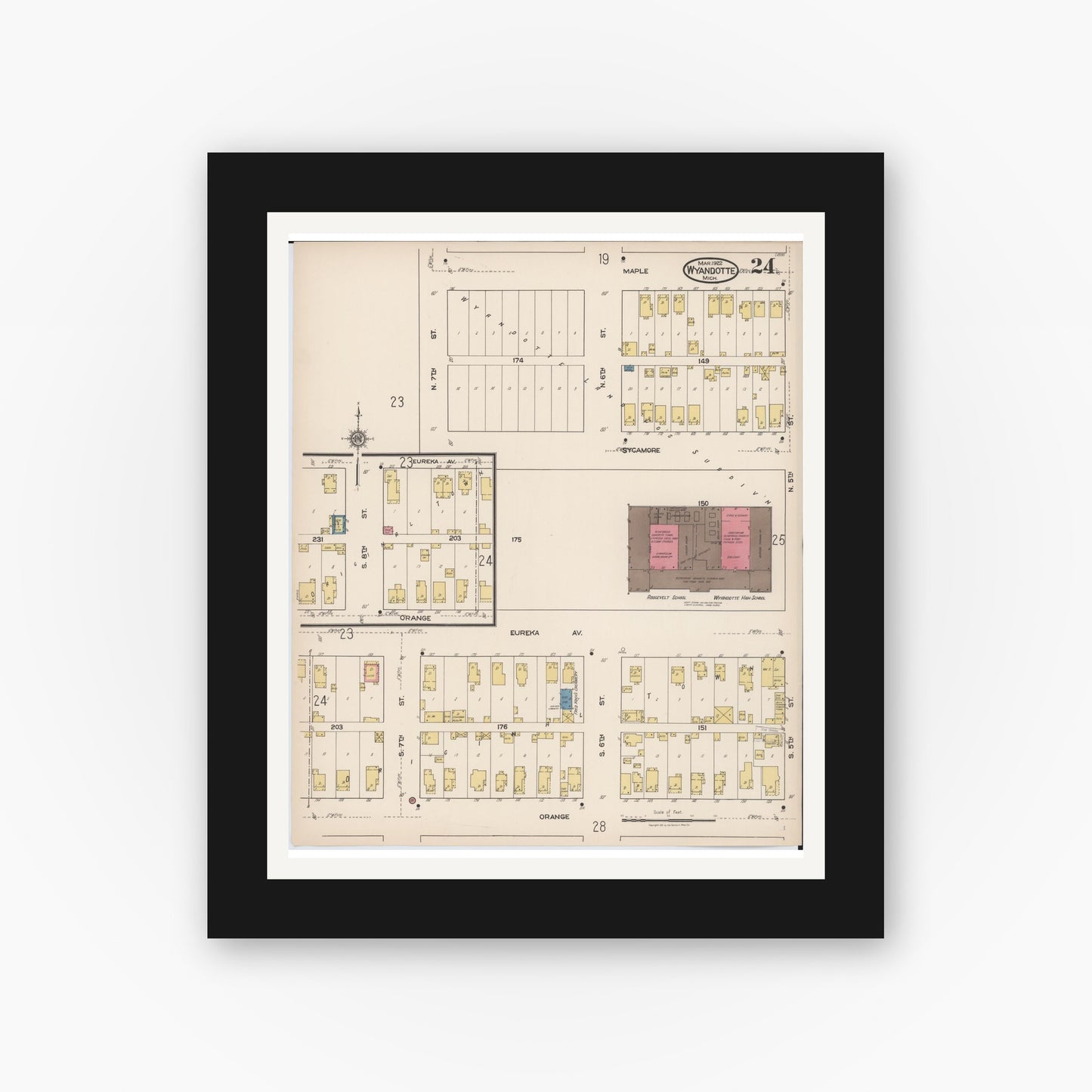 Old map wall art mockup — black gallery frame with white mat — Sanborn Fire Insurance Map from Wyandotte, Wayne County, Michigan (1922), Sheet #0024