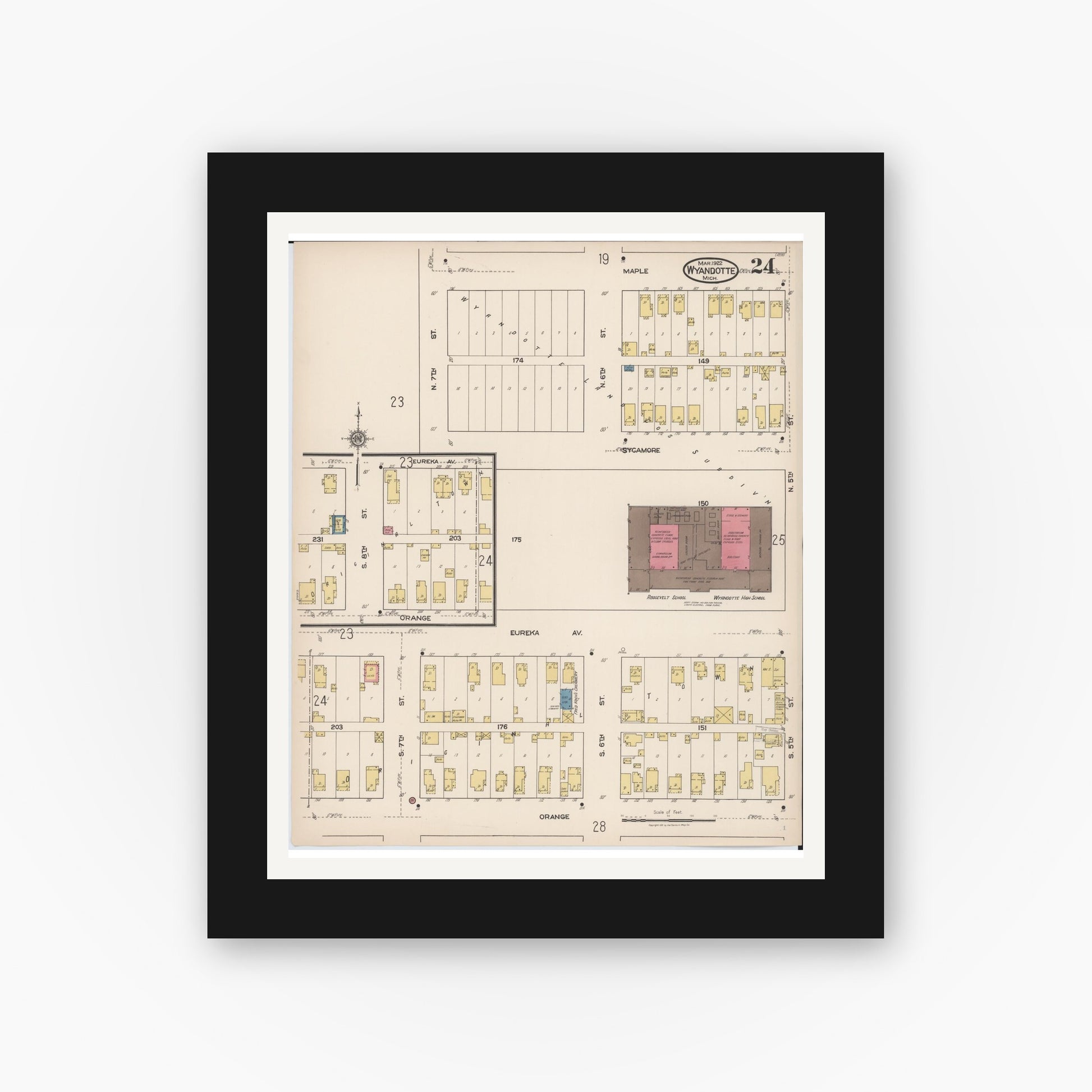 Old map wall art mockup — black gallery frame with white mat — Sanborn Fire Insurance Map from Wyandotte, Wayne County, Michigan (1922), Sheet #0024
