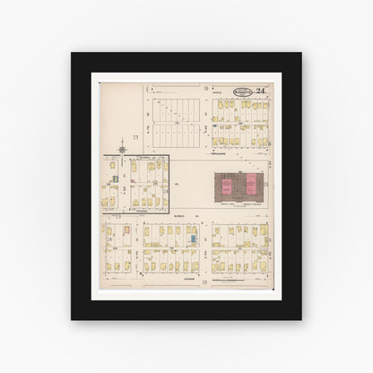 Old map wall art mockup — black gallery frame with white mat — Sanborn Fire Insurance Map from Wyandotte, Wayne County, Michigan (1922), Sheet #0024