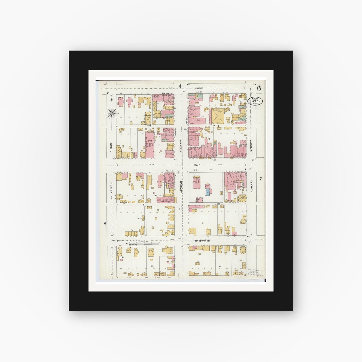 Old map wall art mockup — black gallery frame with white mat — Sanborn Fire Insurance Map from Eaton, Preble County, Ohio (1899), Sheet #0006