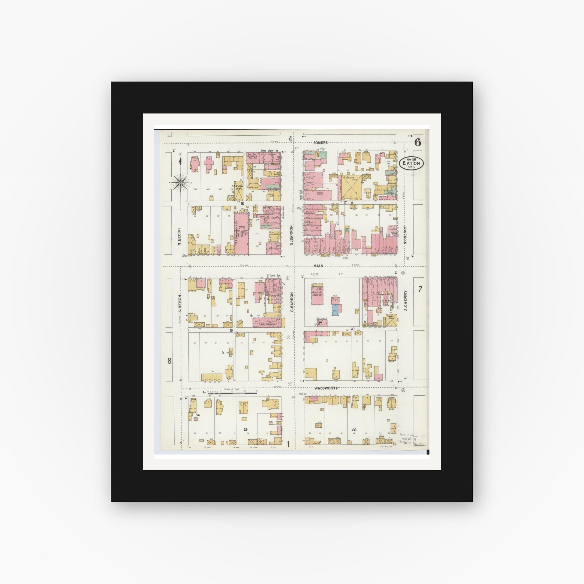 Old map wall art mockup — black gallery frame with white mat — Sanborn Fire Insurance Map from Eaton, Preble County, Ohio (1899), Sheet #0006