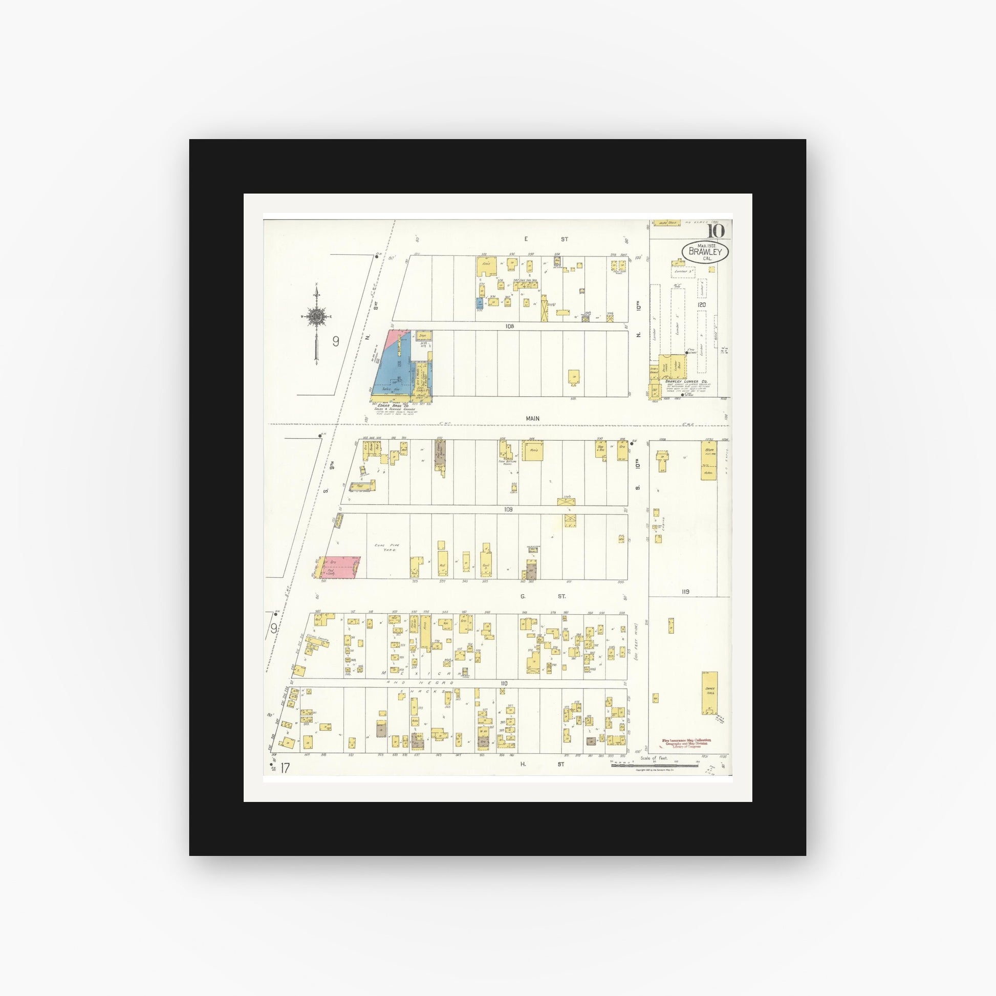 Old map wall art mockup — black gallery frame with white mat — Sanborn Fire Insurance Map from Brawley, Imperial County, California (1922), Sheet #0010