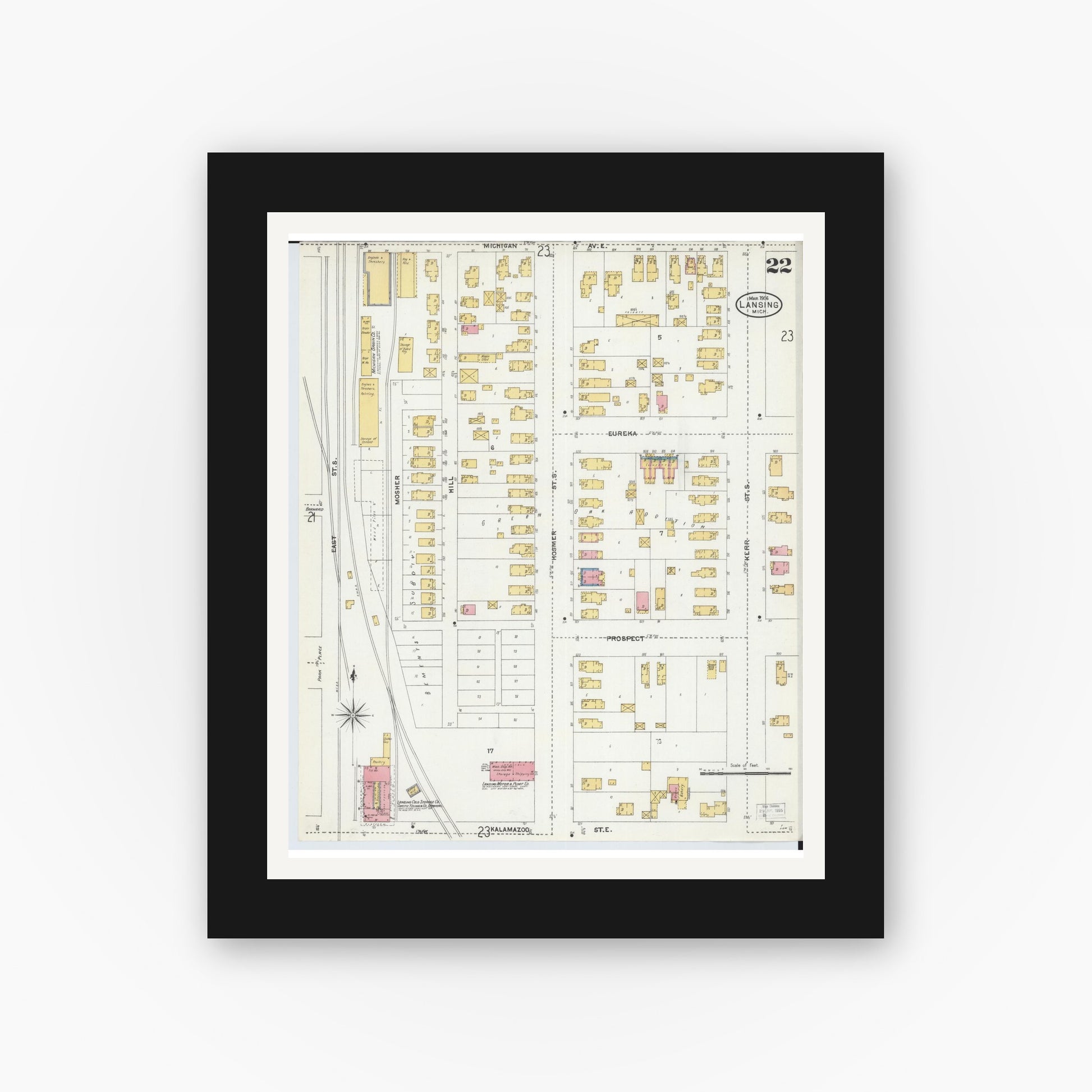 Old map wall art mockup — black gallery frame with white mat — Sanborn Fire Insurance Map from Lansing, Ingham County, Michigan (1906), Sheet #0022