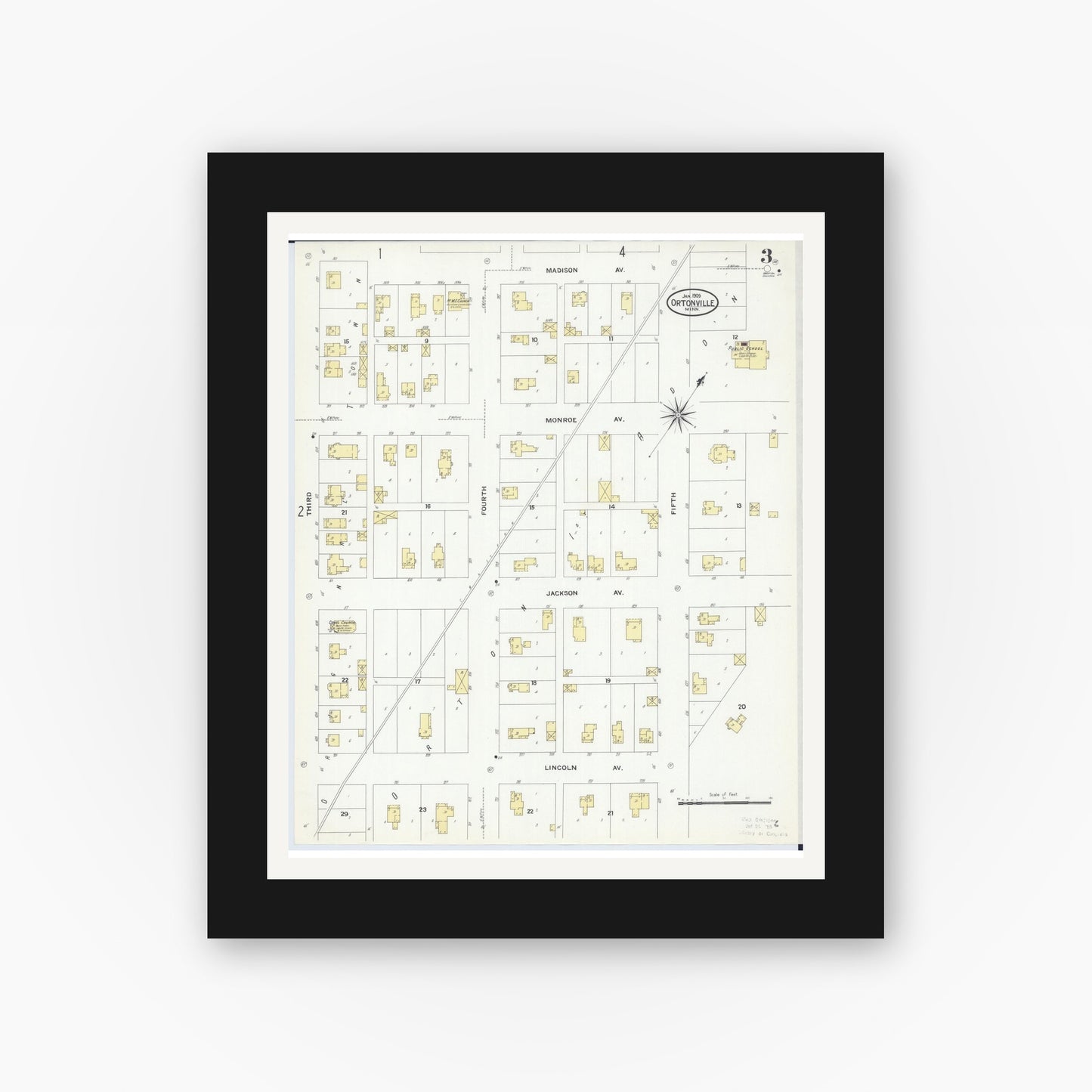 Old map wall art mockup — black gallery frame with white mat — Sanborn Fire Insurance Map from Ortonville, Big Stone County, Minnesota (1909), Sheet #0003