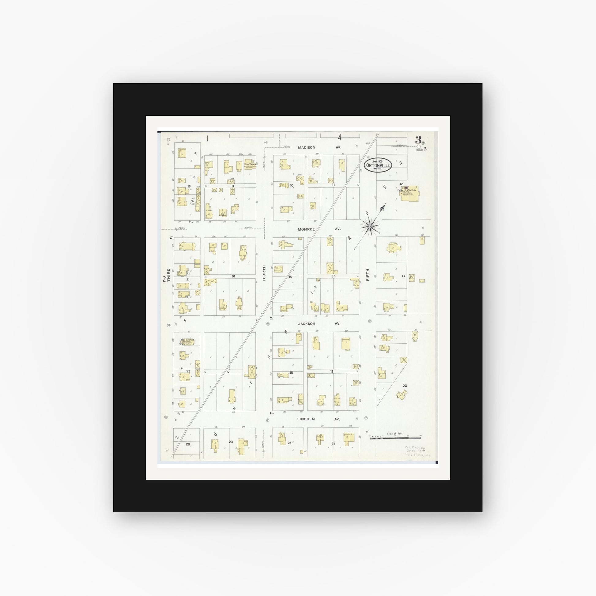 Old map wall art mockup — black gallery frame with white mat — Sanborn Fire Insurance Map from Ortonville, Big Stone County, Minnesota (1909), Sheet #0003