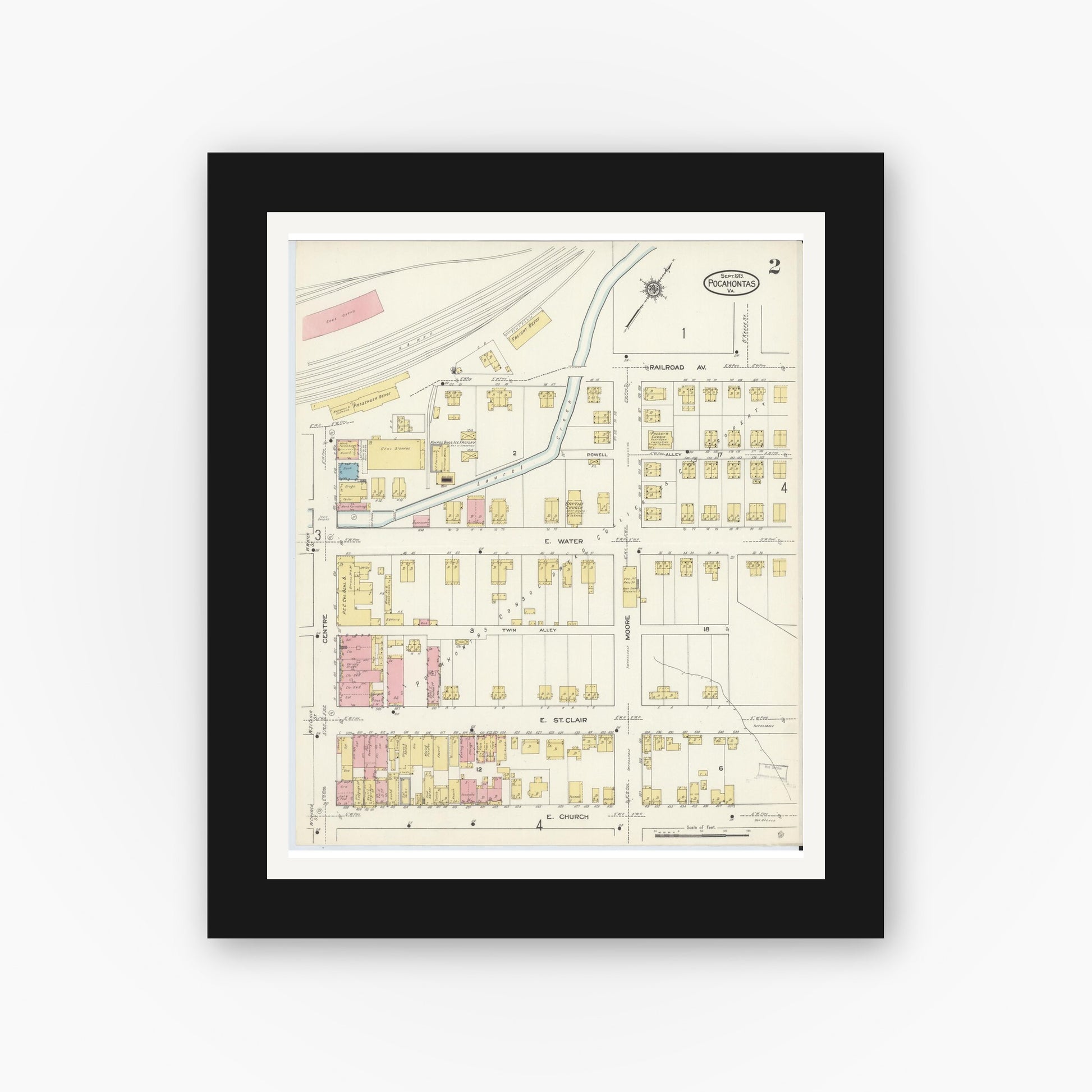Old map wall art mockup — black gallery frame with white mat — Sanborn Fire Insurance Map from Pocahontas, Tazewell County, Virginia (1913), Sheet #0002