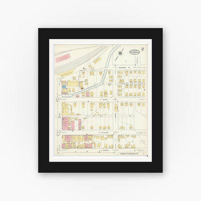 Old map wall art mockup — black gallery frame with white mat — Sanborn Fire Insurance Map from Pocahontas, Tazewell County, Virginia (1913), Sheet #0002