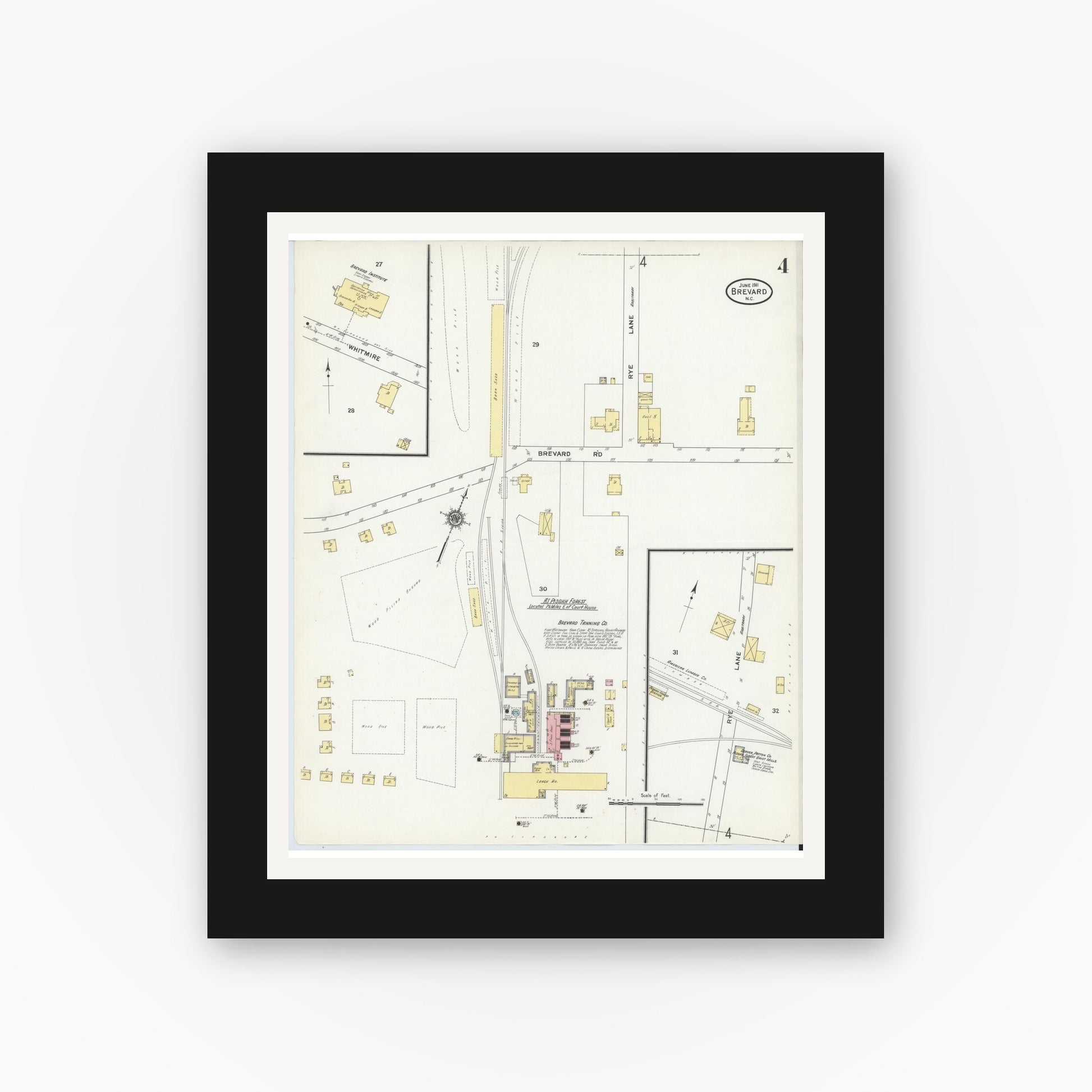 Old map wall art mockup — black gallery frame with white mat — Sanborn Fire Insurance Map from Brevard, Transylvania County, North Carolina (1911), Sheet #0004