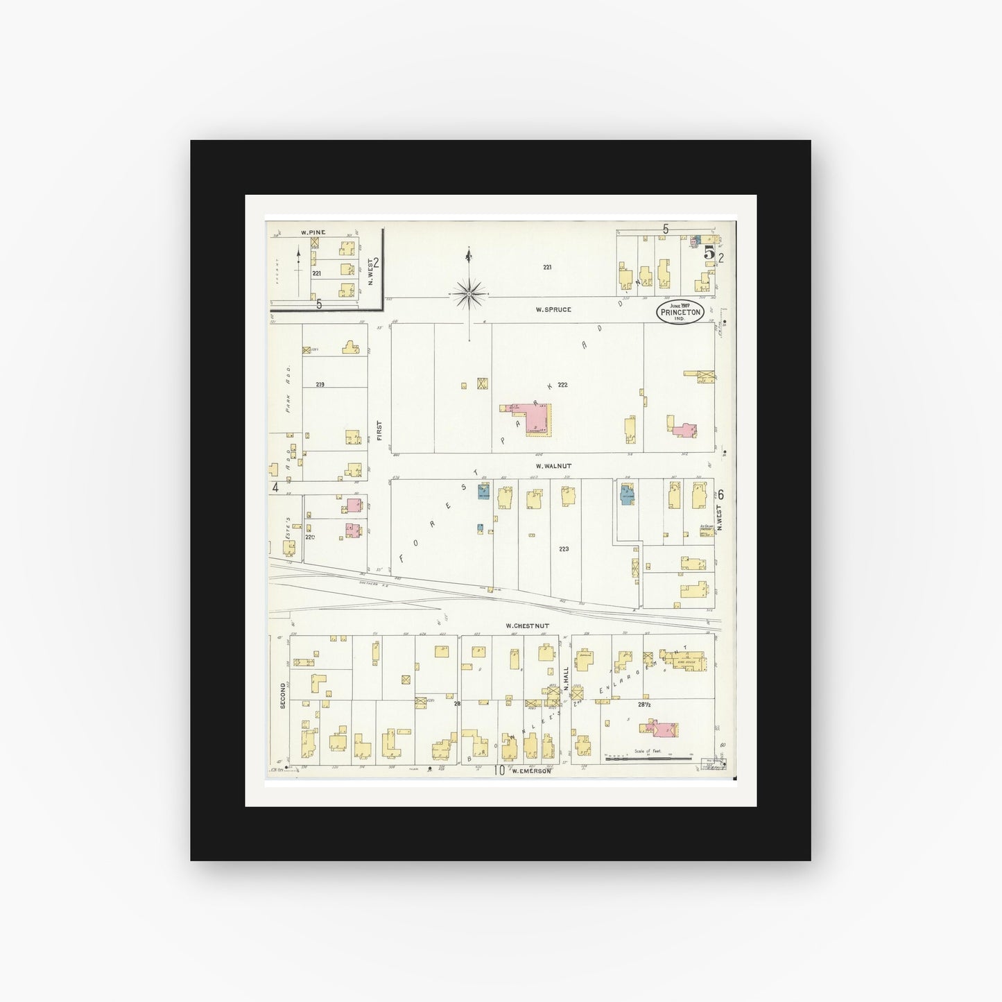 Old map wall art mockup — black gallery frame with white mat — Sanborn Fire Insurance Map from Princeton, Gibson County, Indiana (1907), Sheet #0005