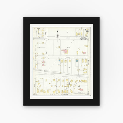 Old map wall art mockup — black gallery frame with white mat — Sanborn Fire Insurance Map from Princeton, Gibson County, Indiana (1907), Sheet #0005