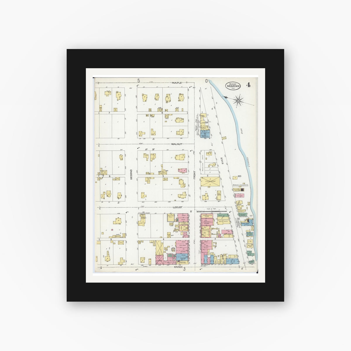 Old map wall art mockup — black gallery frame with white mat — Sanborn Fire Insurance Map from Momence, Kankakee County, Illinois (1907), Sheet #0004