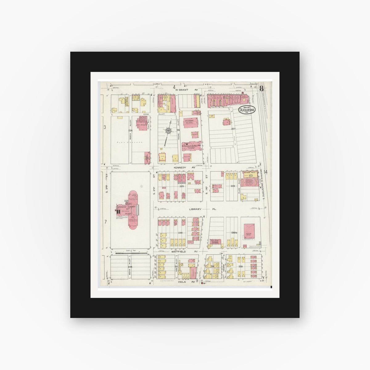Old map wall art mockup — black gallery frame with white mat — Sanborn Fire Insurance Map from Duquesne, Allegheny County, Pennsylvania (1917), Sheet #0008