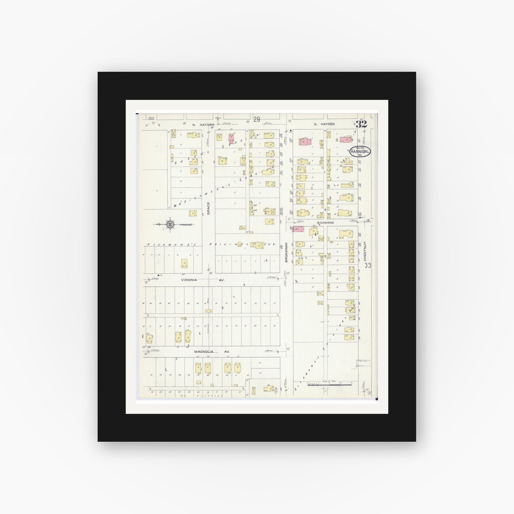 Old map wall art mockup — black gallery frame with white mat — Sanborn Fire Insurance Map from Hannibal, Marion County, Missouri (1913), Sheet #0032