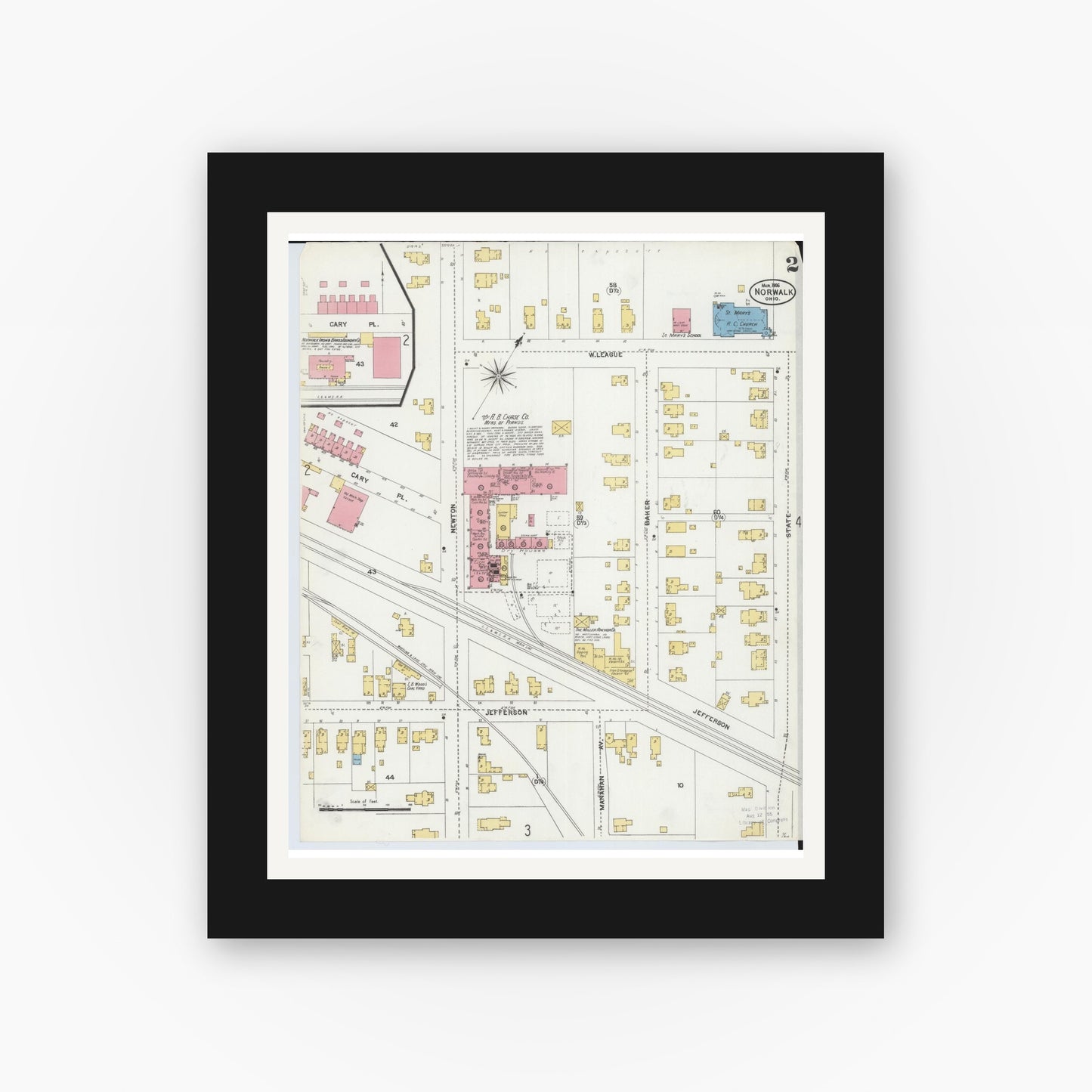 Old map wall art mockup — black gallery frame with white mat — Sanborn Fire Insurance Map from Norwalk, Huron County, Ohio (1906), Sheet #0002