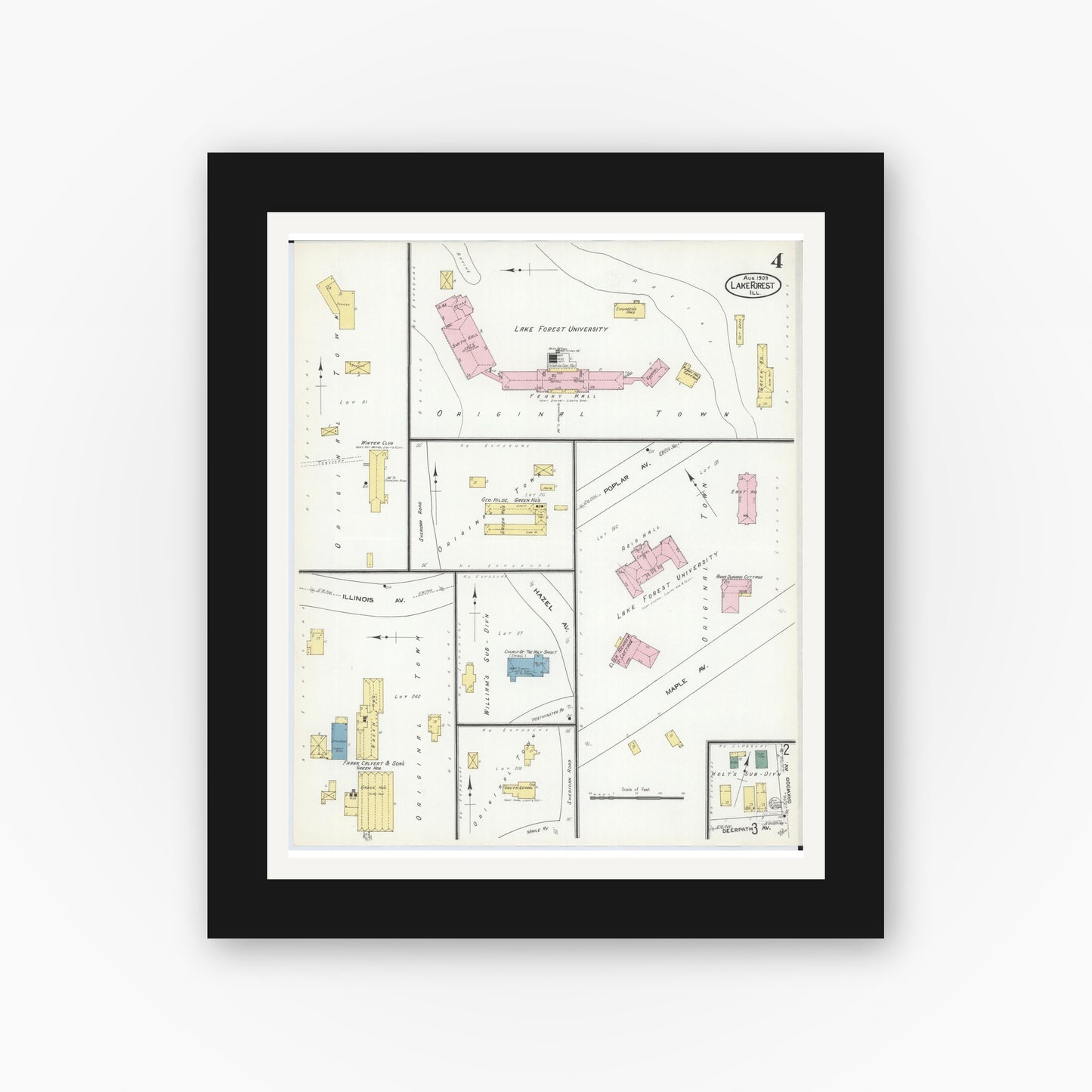 Old map wall art mockup — black gallery frame with white mat — Sanborn Fire Insurance Map from Lake Forest, Lake County, Illinois (1909), Sheet #0004