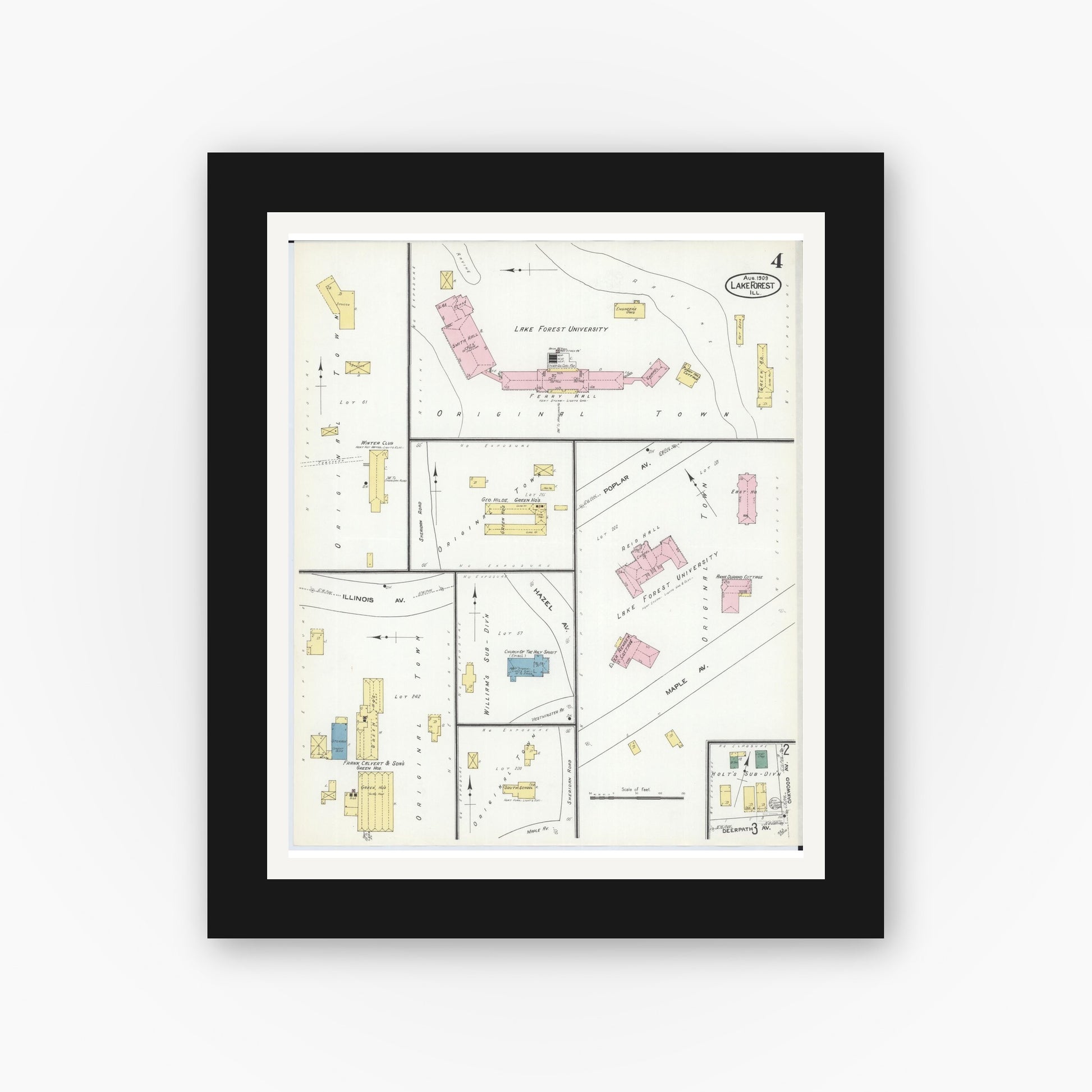 Old map wall art mockup — black gallery frame with white mat — Sanborn Fire Insurance Map from Lake Forest, Lake County, Illinois (1909), Sheet #0004