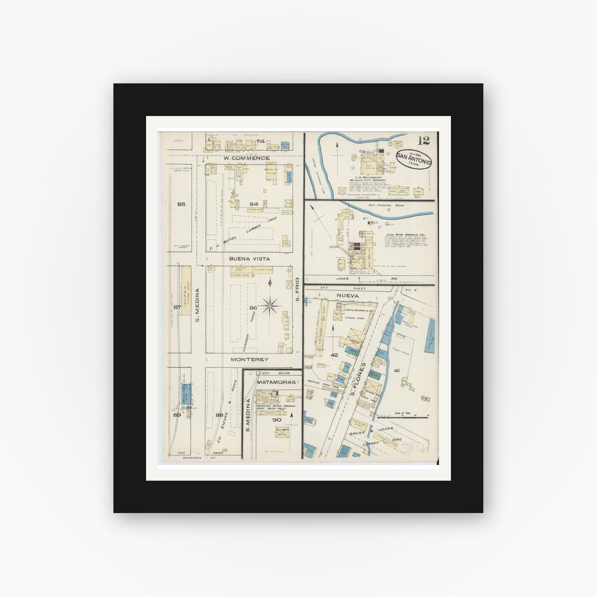 Old map wall art mockup — black gallery frame with white mat — Sanborn Fire Insurance Map from San Antonio, Bexar County, Texas (1885), Sheet #0012