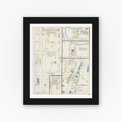 Old map wall art mockup — black gallery frame with white mat — Sanborn Fire Insurance Map from San Antonio, Bexar County, Texas (1885), Sheet #0012