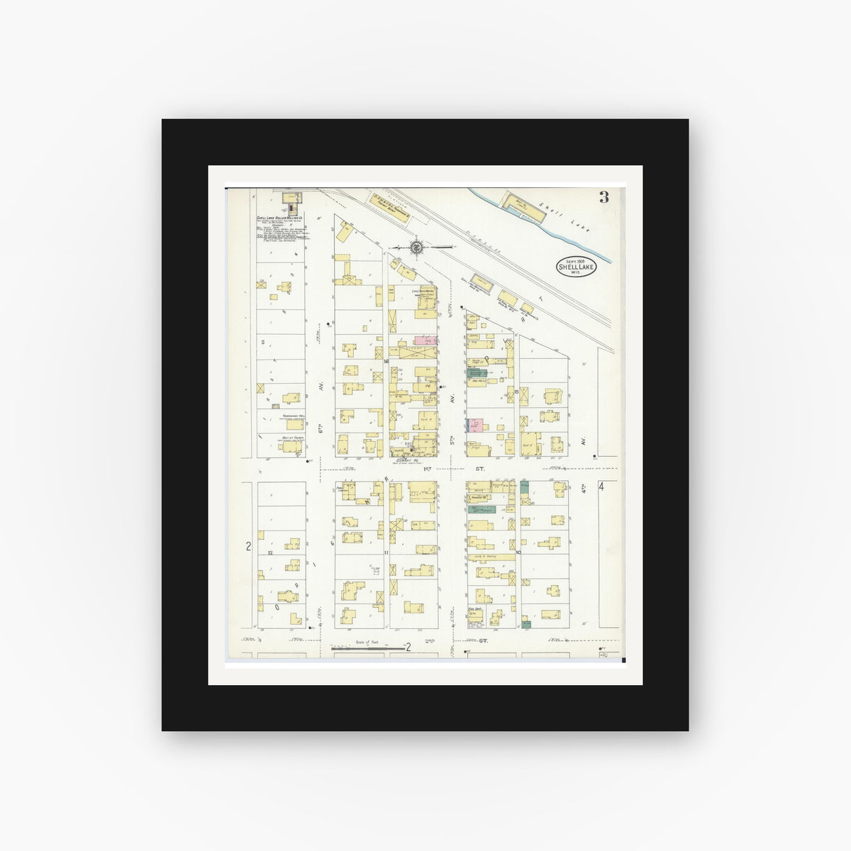 Old map wall art mockup — black gallery frame with white mat — Sanborn Fire Insurance Map from Shell Lake, Washburn County, Wisconsin (1909), Sheet #0003