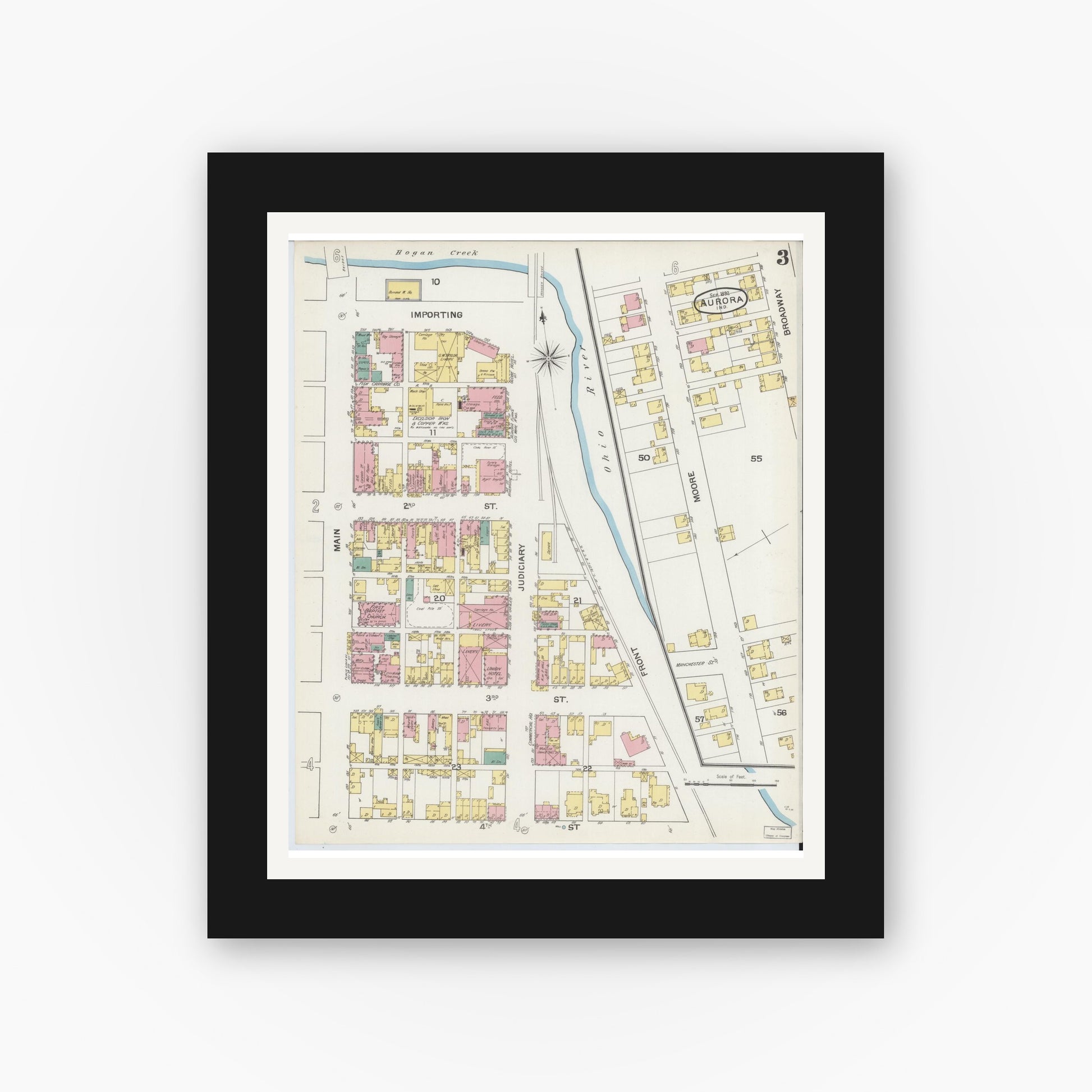 Old map wall art mockup — black gallery frame with white mat — Sanborn Fire Insurance Map from Aurora, Dearborn County, Indiana (1892), Sheet #0003