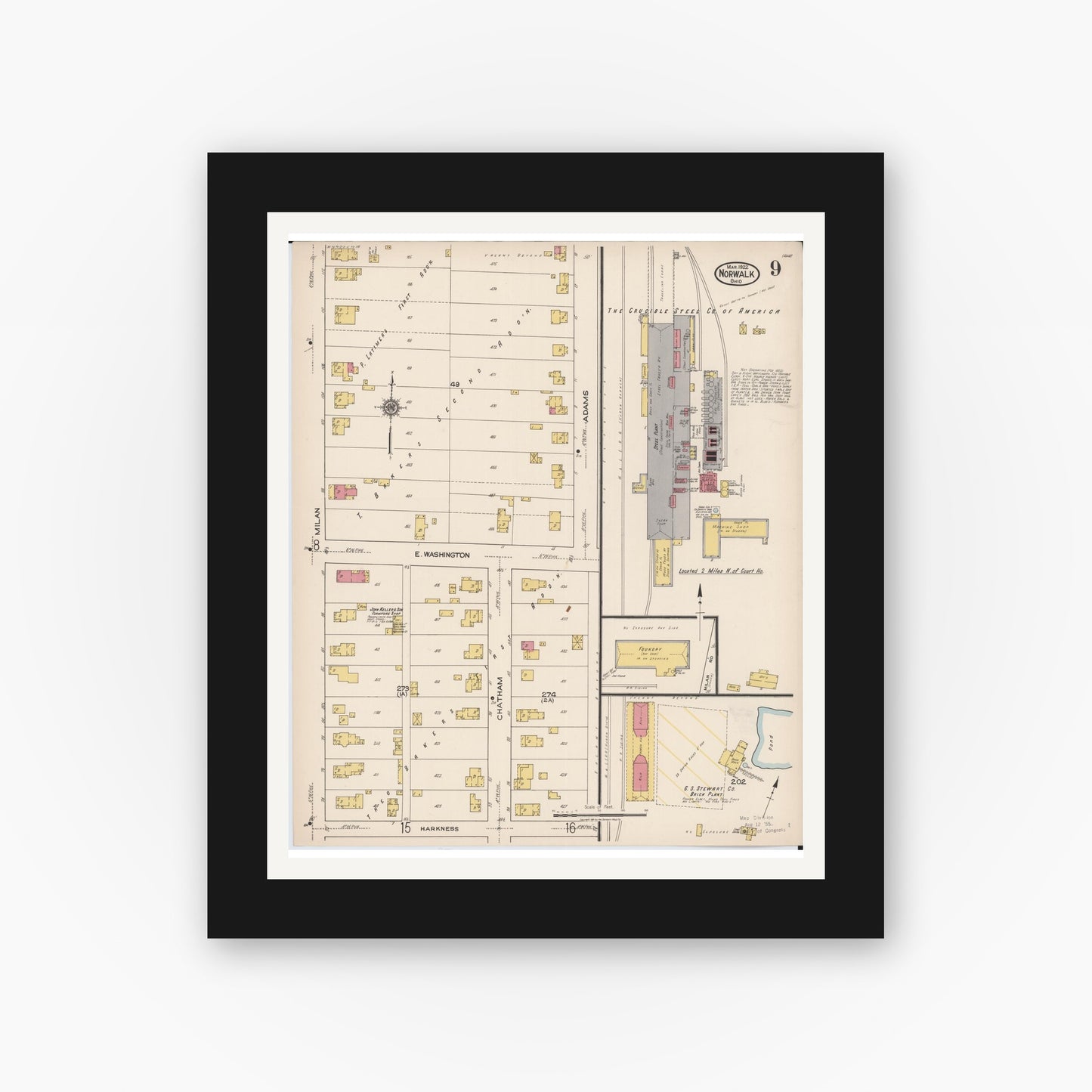 Old map wall art mockup — black gallery frame with white mat — Sanborn Fire Insurance Map from Norwalk, Huron County, Ohio (1922), Sheet #0009