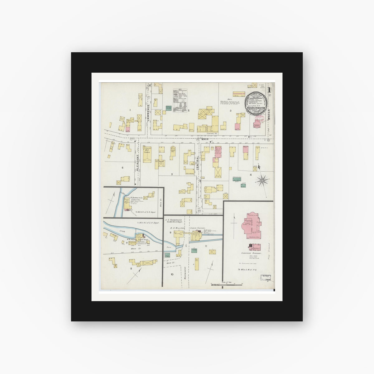 Old map wall art mockup — black gallery frame with white mat — Sanborn Fire Insurance Map from Ashburnham, Worcester County, Massachusetts (1895) - Complete Map Set