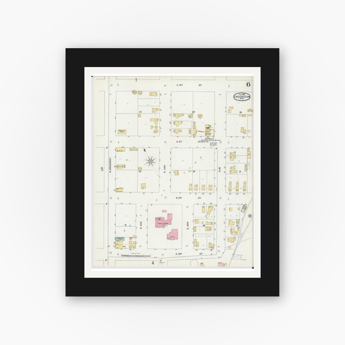 Old map wall art mockup — black gallery frame with white mat — Sanborn Fire Insurance Map from Crookston, Polk County, Minnesota (1896), Sheet #0006