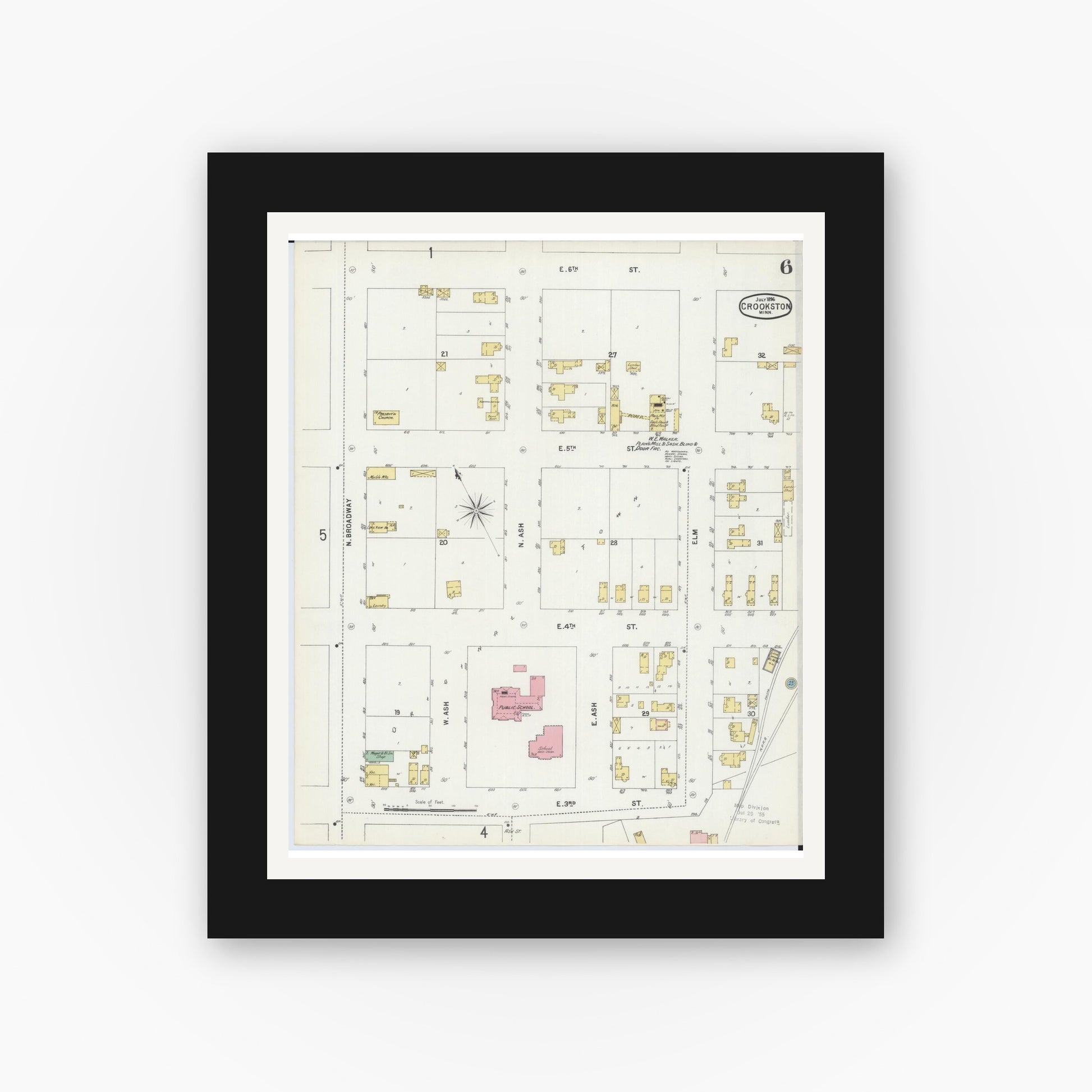 Old map wall art mockup — black gallery frame with white mat — Sanborn Fire Insurance Map from Crookston, Polk County, Minnesota (1896), Sheet #0006