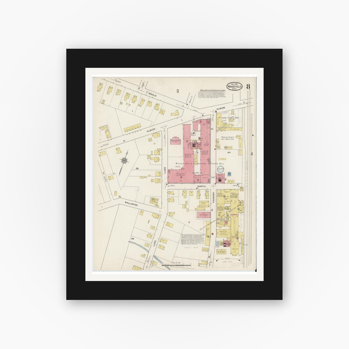 Old map wall art mockup — black gallery frame with white mat — Sanborn Fire Insurance Map from Wakefield, Middlesex County, Massachusetts (1915), Sheet #0008