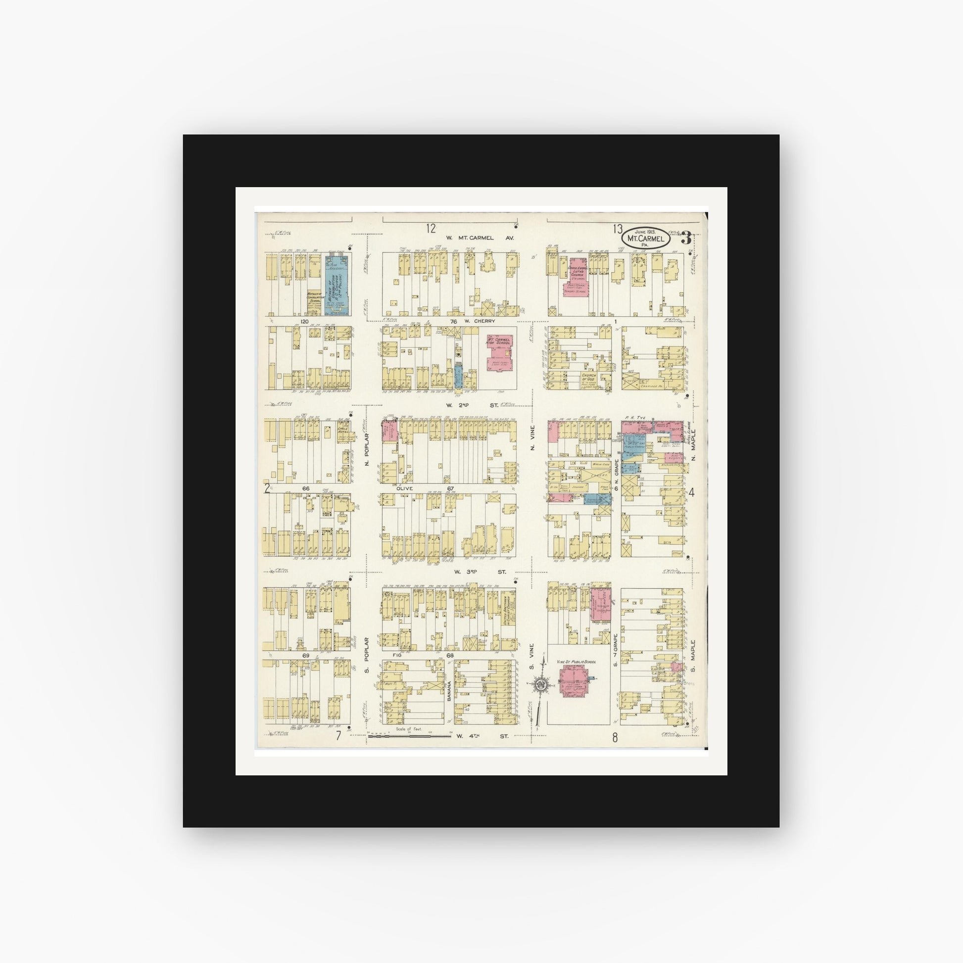 Old map wall art mockup — black gallery frame with white mat — Sanborn Fire Insurance Map from Mount Carmel, Northumberland County, Pennsylvania (1913), Sheet #0003