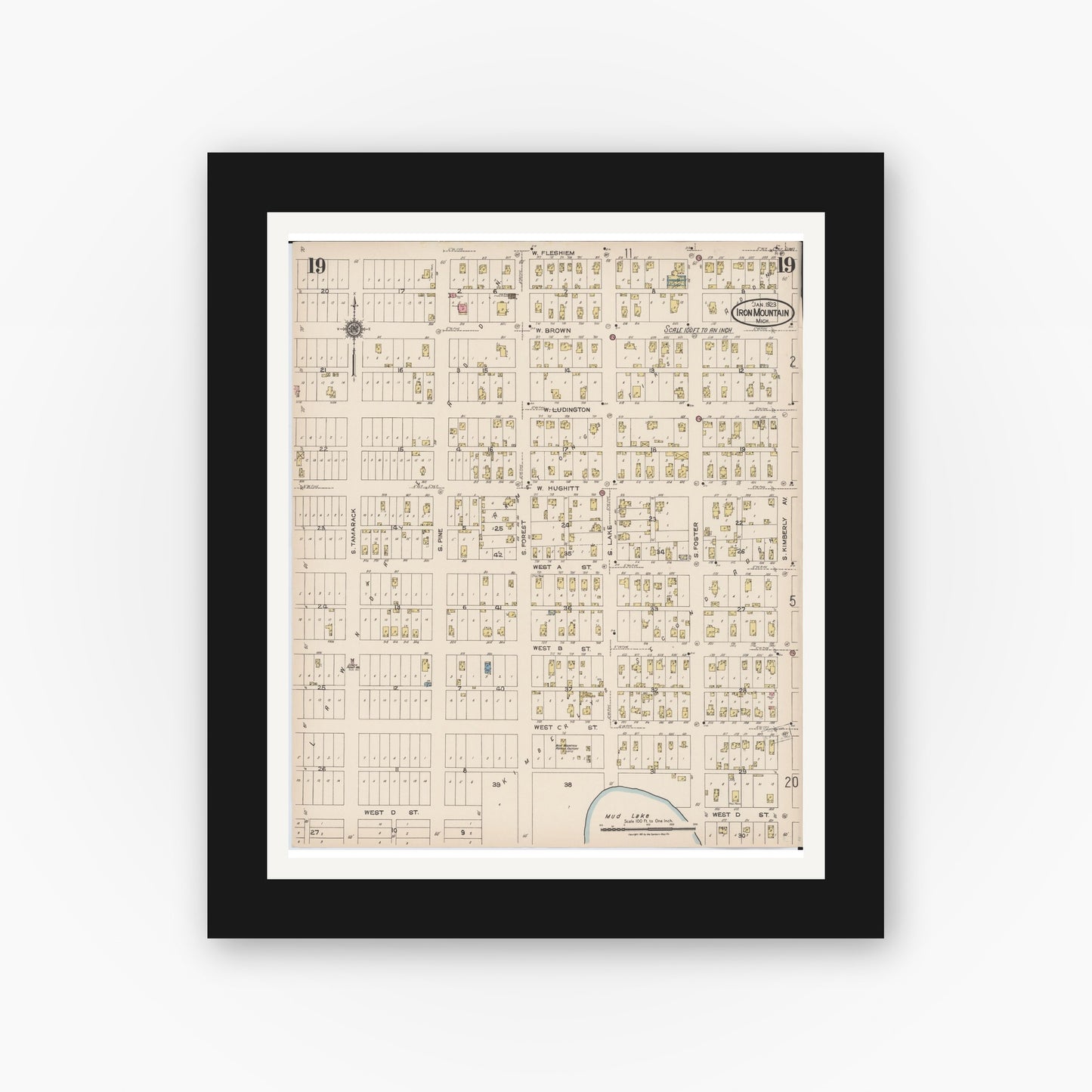 Old map wall art mockup — black gallery frame with white mat — Sanborn Fire Insurance Map from Iron Mountain, Dickinson County, Michigan (1923), Sheet #0019